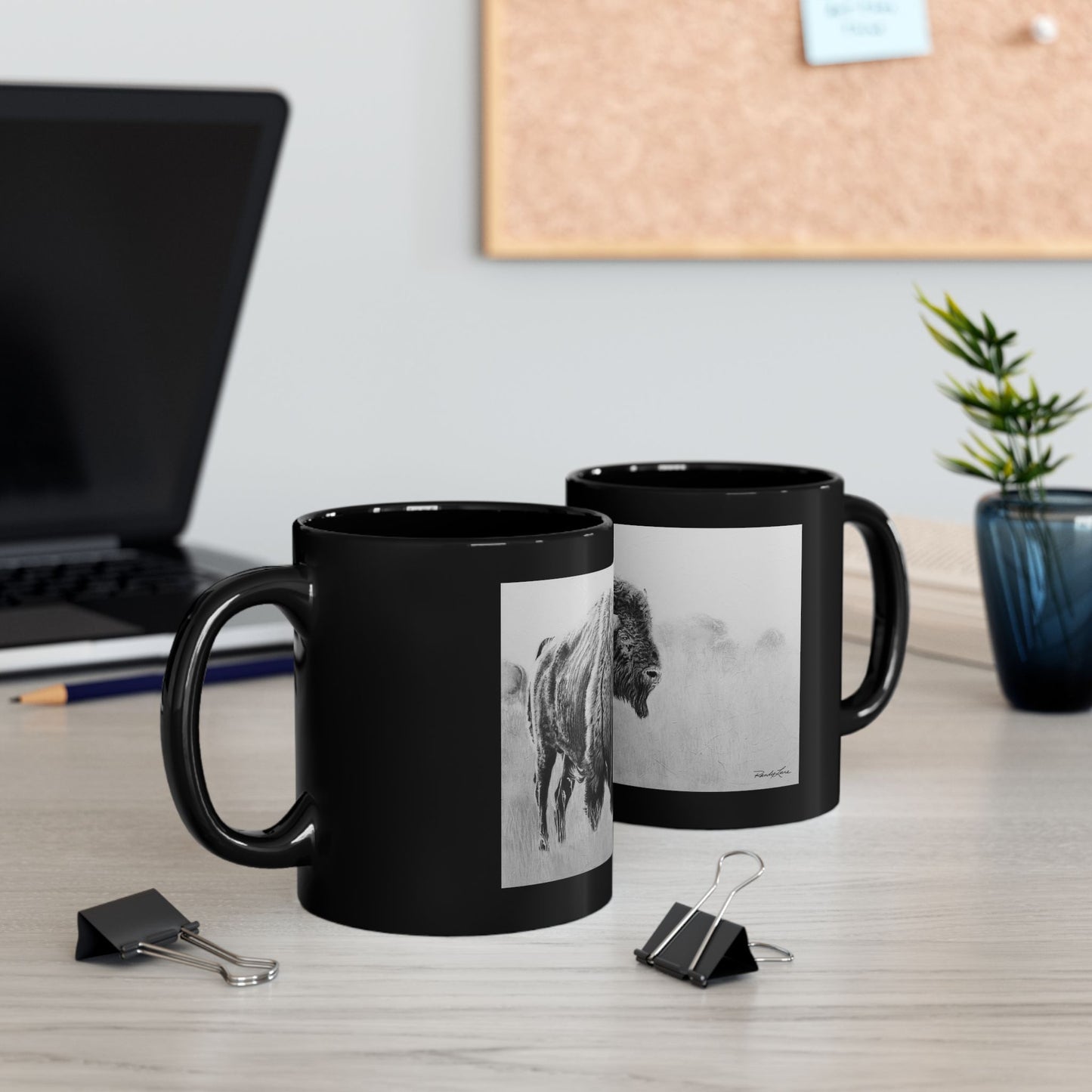 Prairie Bison, Bison Painting Black Ceramic Mug (11oz/15oz)