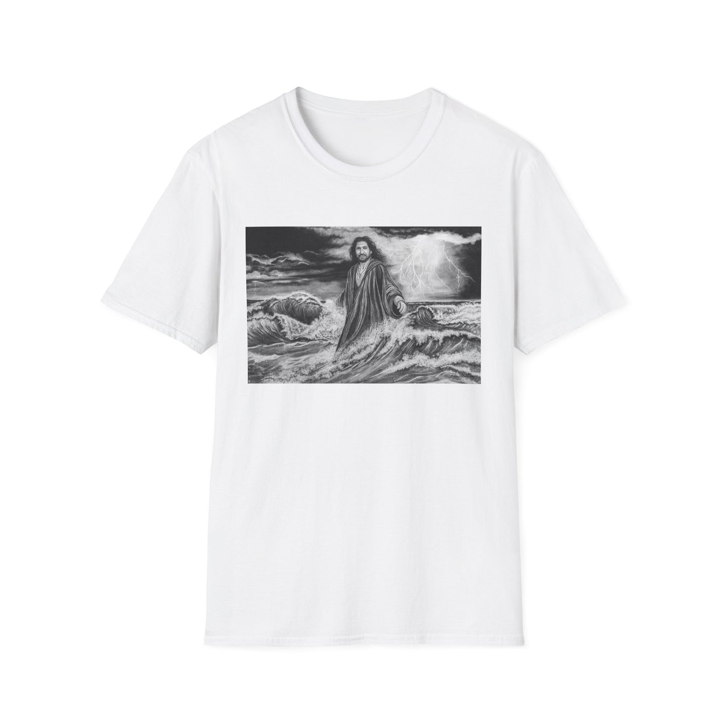 View from the Boat, Jesus Walking on Water Painting T-Shirt — Spiritual Christian Faith Tee