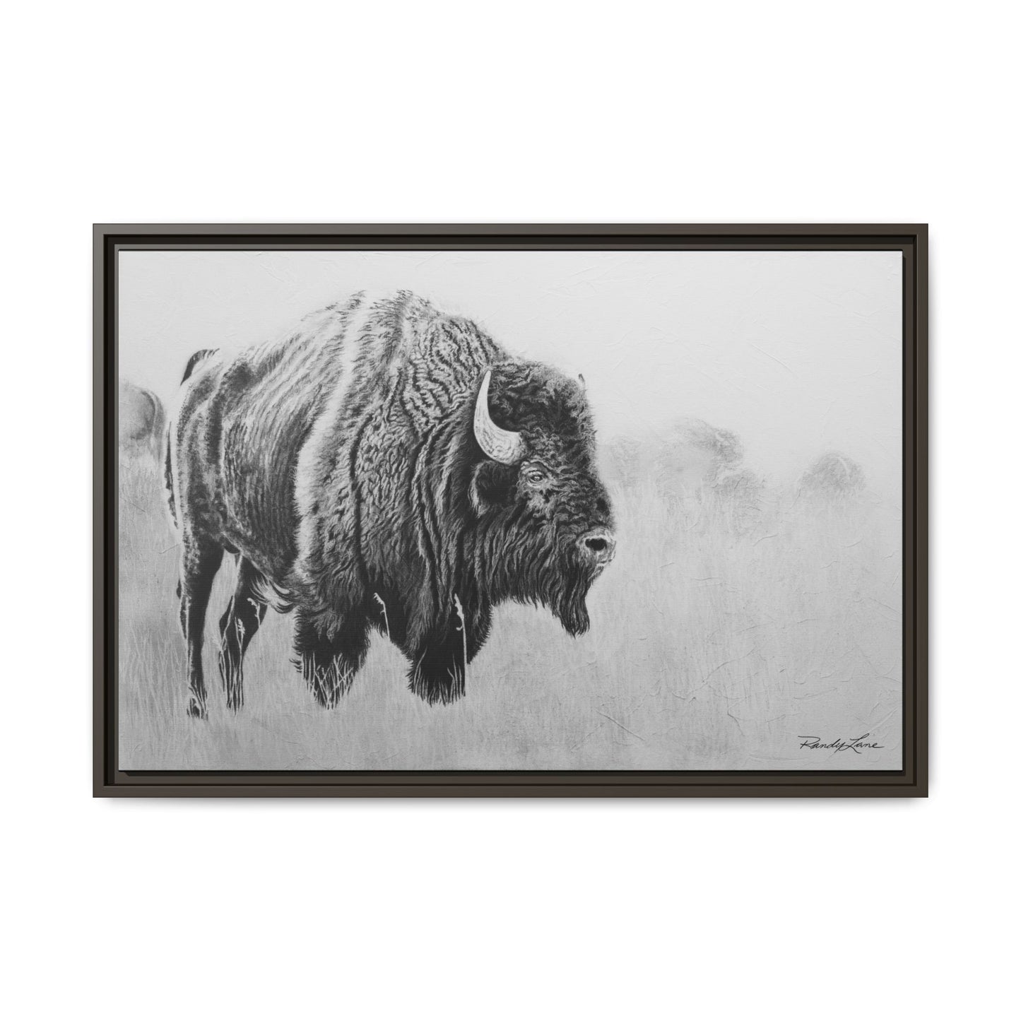 Prairie Bison, Bison Painting Framed Matte Canvas Print — Black & White Wildlife Wall Art