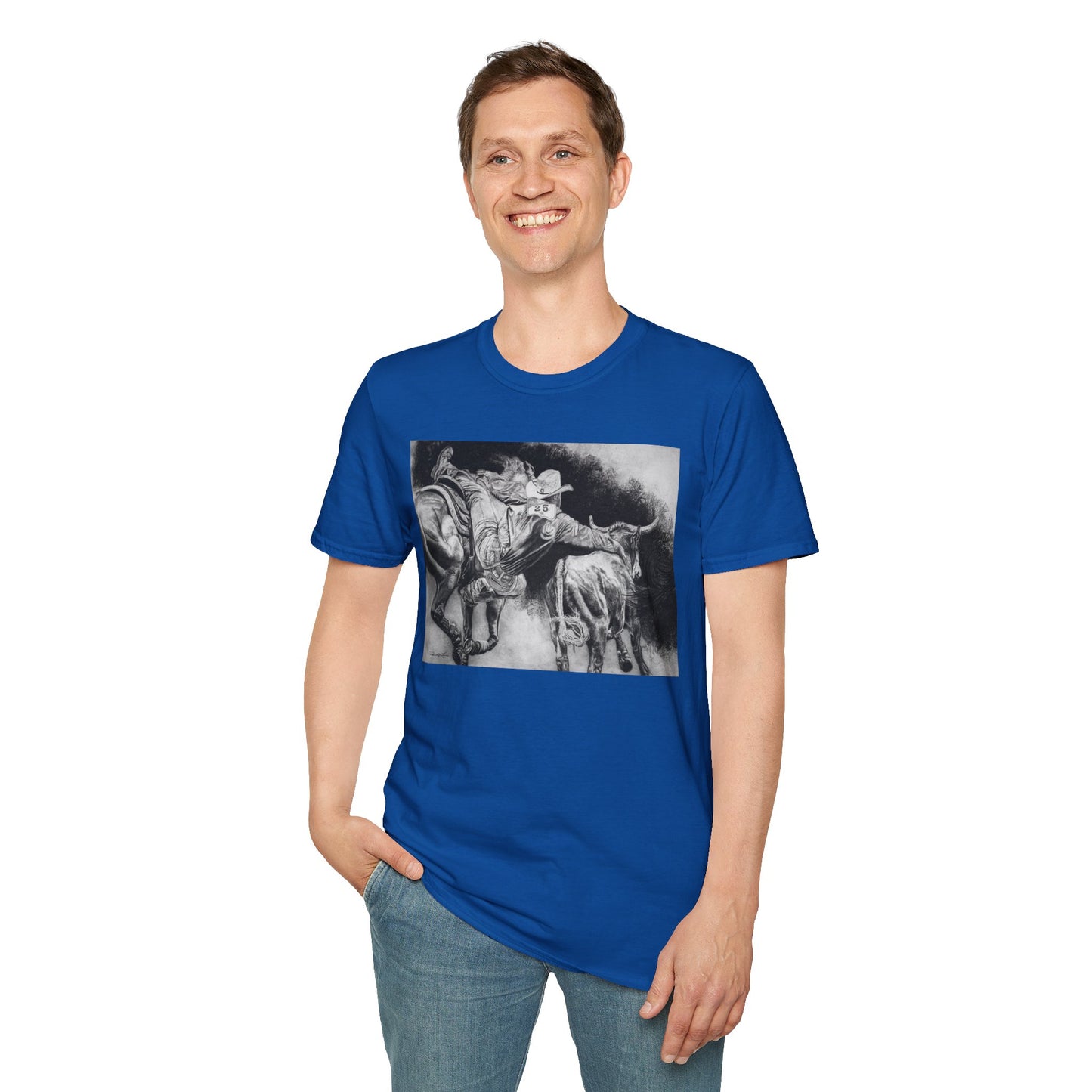Contact. Cowboy Bulldogger Rodeo Art Unisex Softstyle T-Shirt