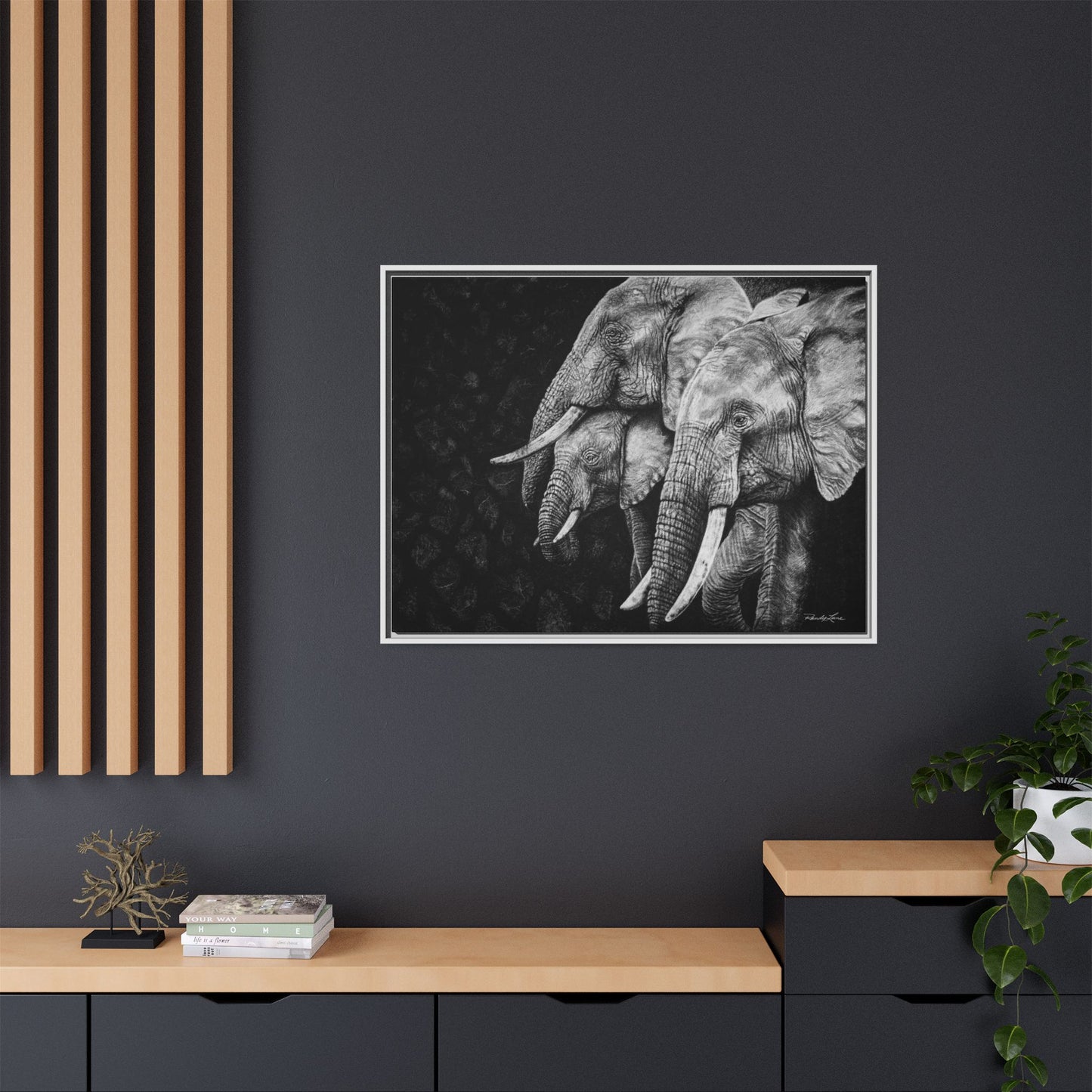 Brushland Bond. Elephant Art Framed Stretched Matte Canvas Print