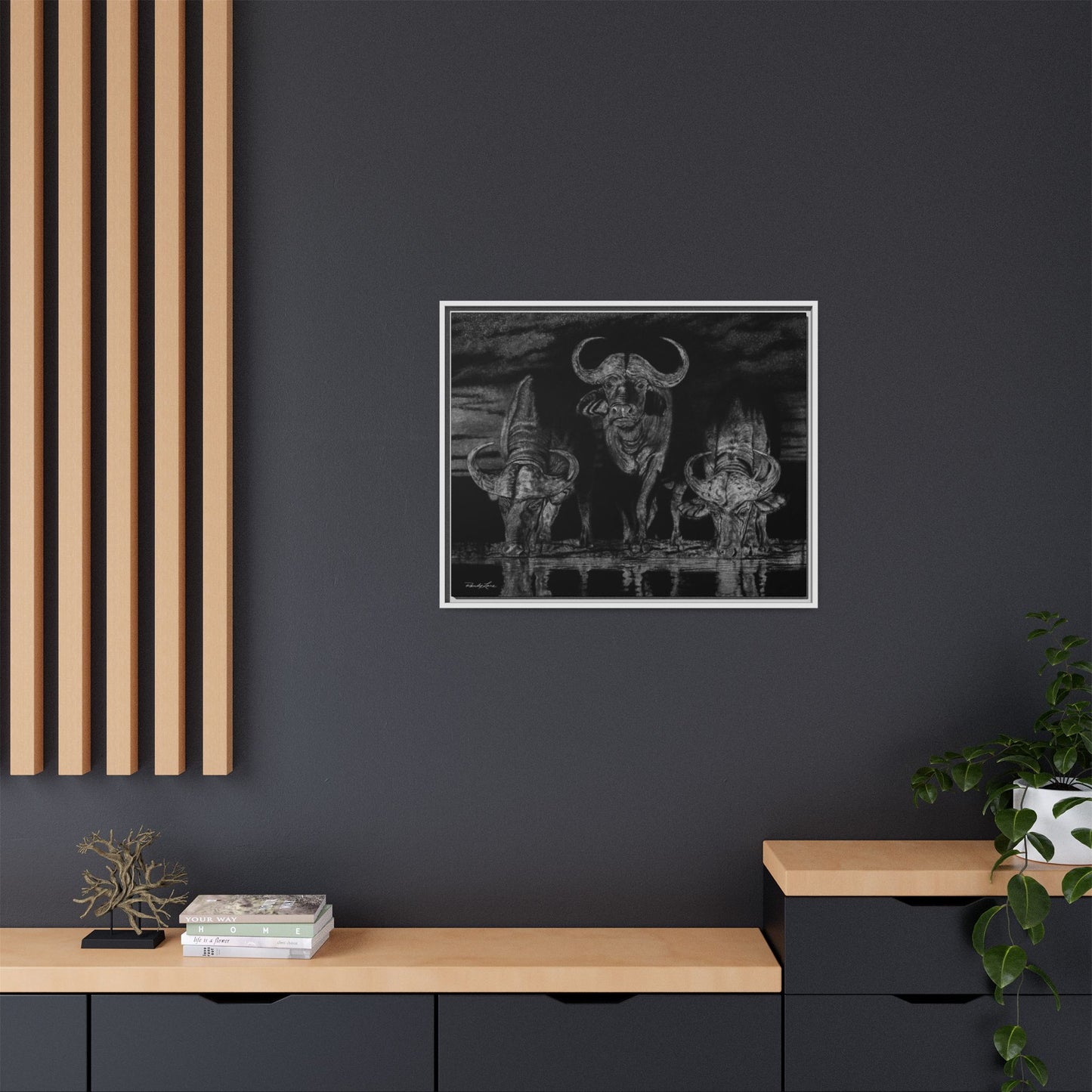The Waterhole, Cape Buffalo Framed Canvas Wall Art