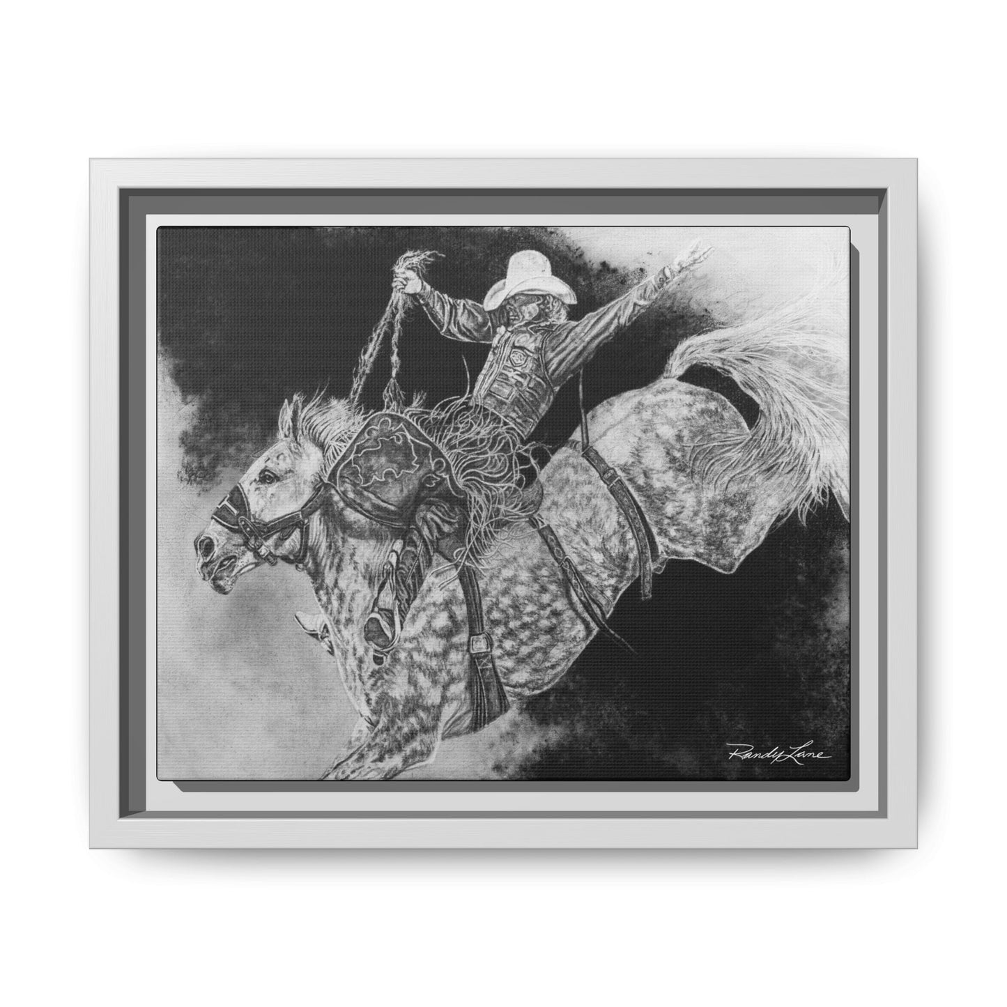 Big Grey, Rodeo Bareback Bronc Painting Framed Matte Canvas Wall Art — Bucking Bronco Cowboy Print