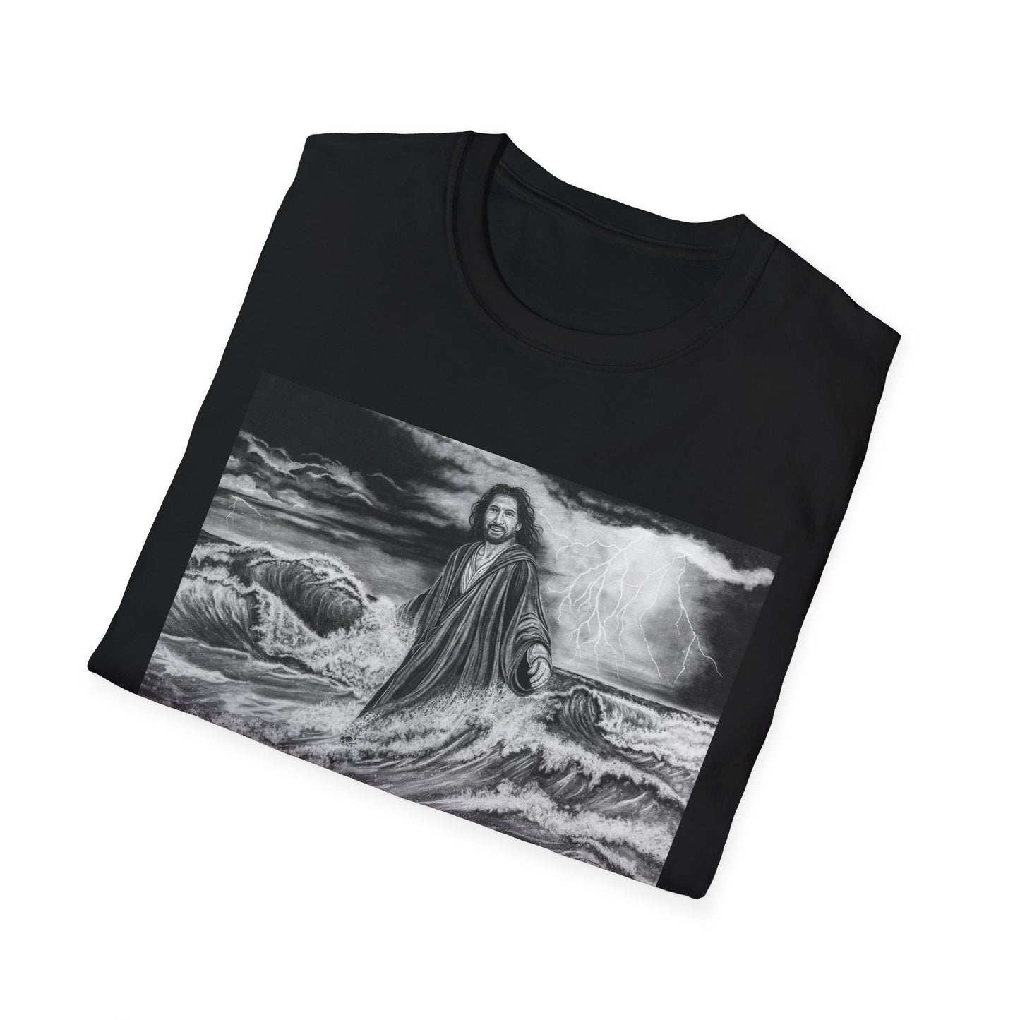 View from the Boat, Jesus Walking on Water Painting T-Shirt — Spiritual Christian Faith Tee