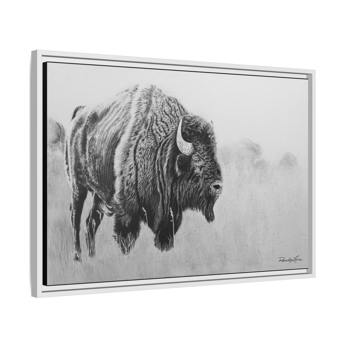 Prairie Bison, Bison Painting Framed Matte Canvas Print — Black & White Wildlife Wall Art