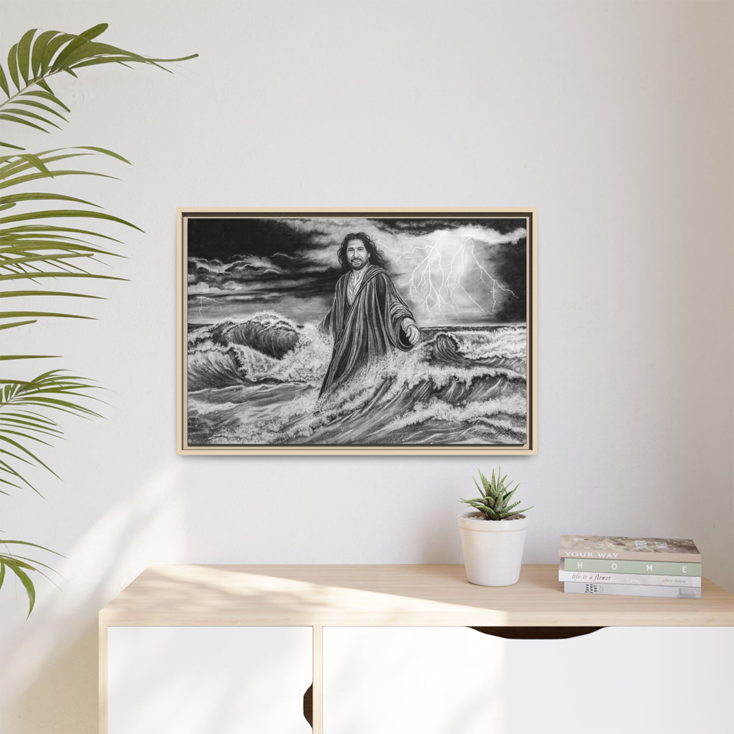 View from the Boat, Jesus Walking on Water Painting Framed Matte Canvas — Religious Wall Art