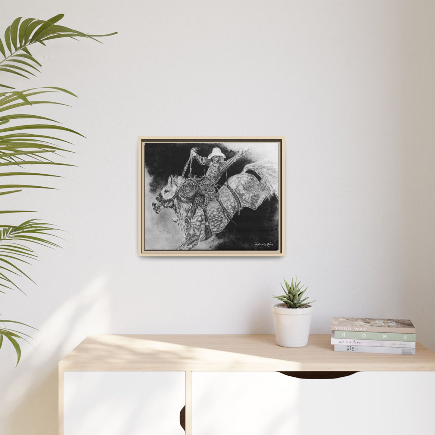 Big Grey, Rodeo Bareback Bronc Painting Framed Matte Canvas Wall Art — Bucking Bronco Cowboy Print