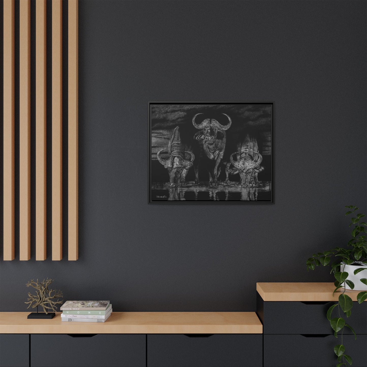 The Waterhole, Cape Buffalo Framed Canvas Wall Art