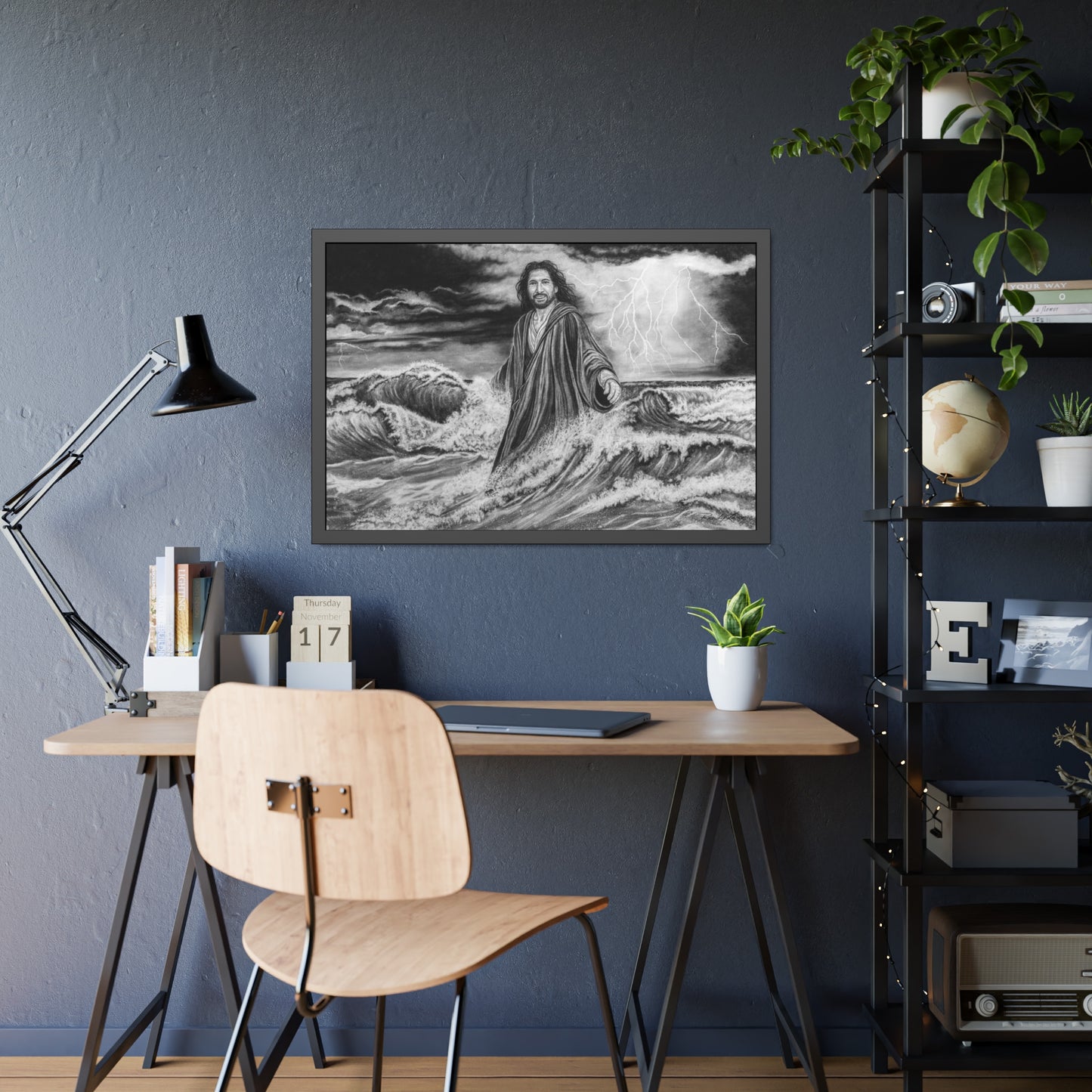 View from the Boat, Jesus Walking on Water Painting, Framed Fine Art Print, Black & White Religious Wall Art