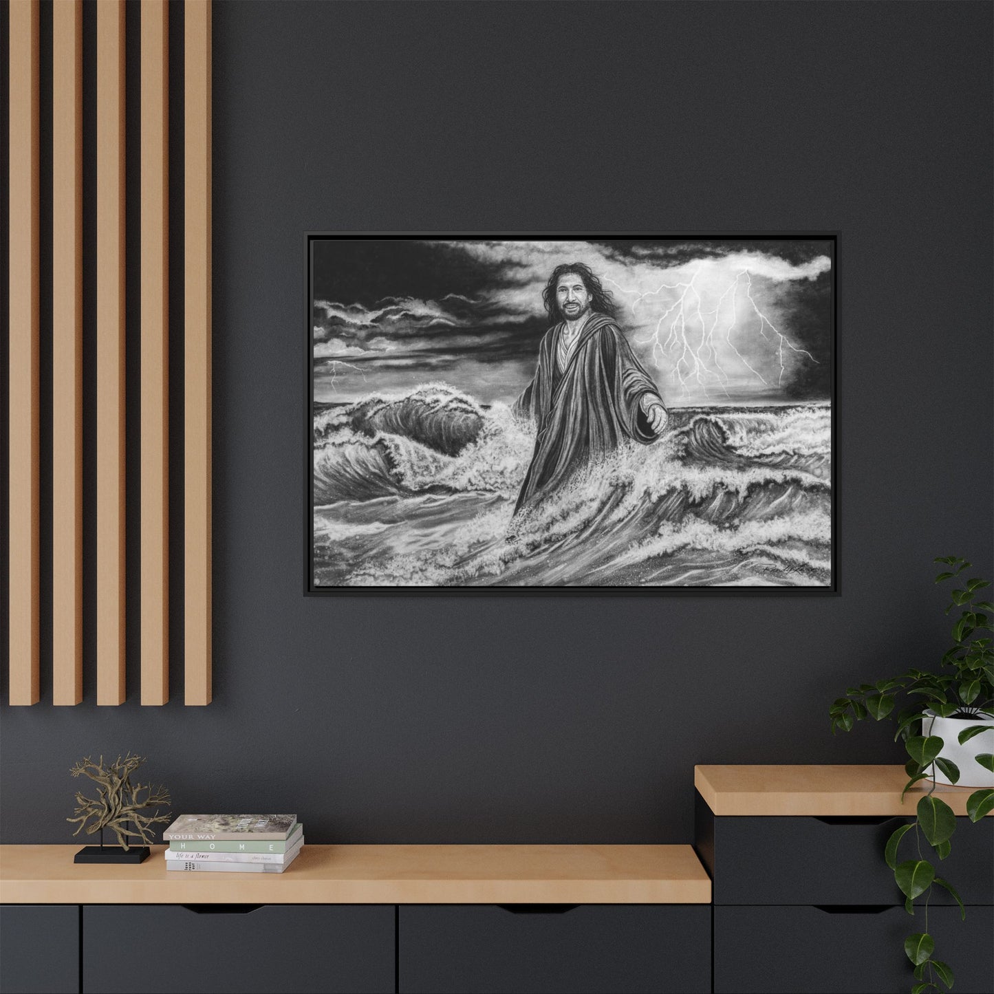 View from the Boat, Jesus Walking on Water Painting Framed Matte Canvas — Religious Wall Art