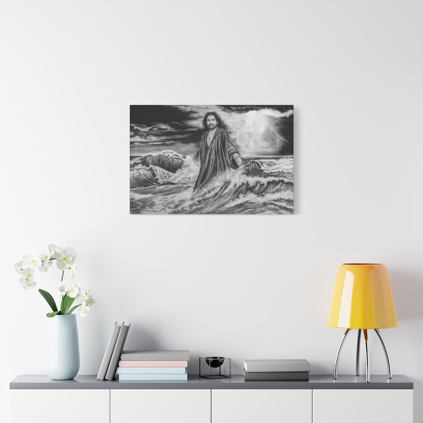 View from the Boat, Jesus Walking on Water Painting, Matte Stretched Canvas Wall Art