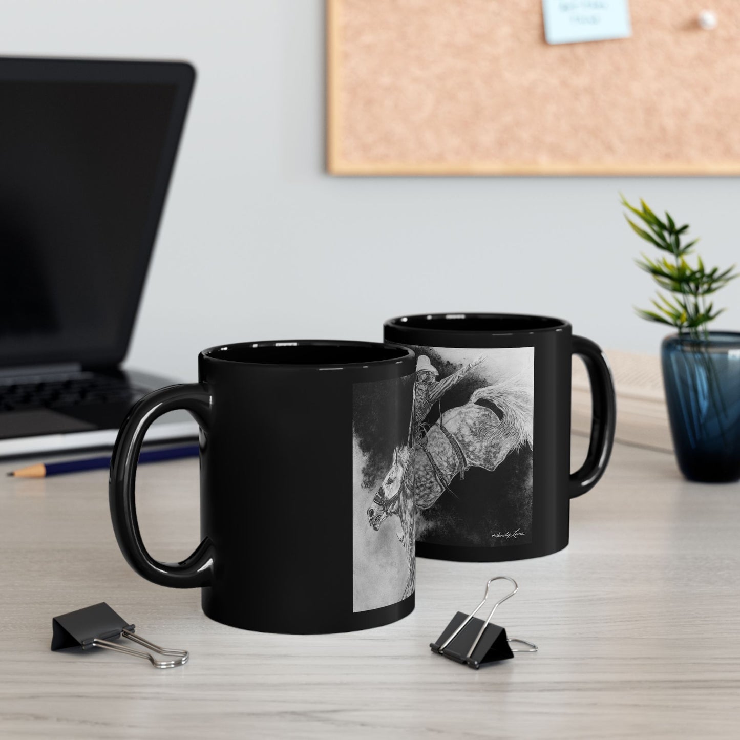 Big Grey, Rodeo Bareback Bronc Painting Black Mug — Western Bucking Bronco Coffee Cup (11oz/15oz)
