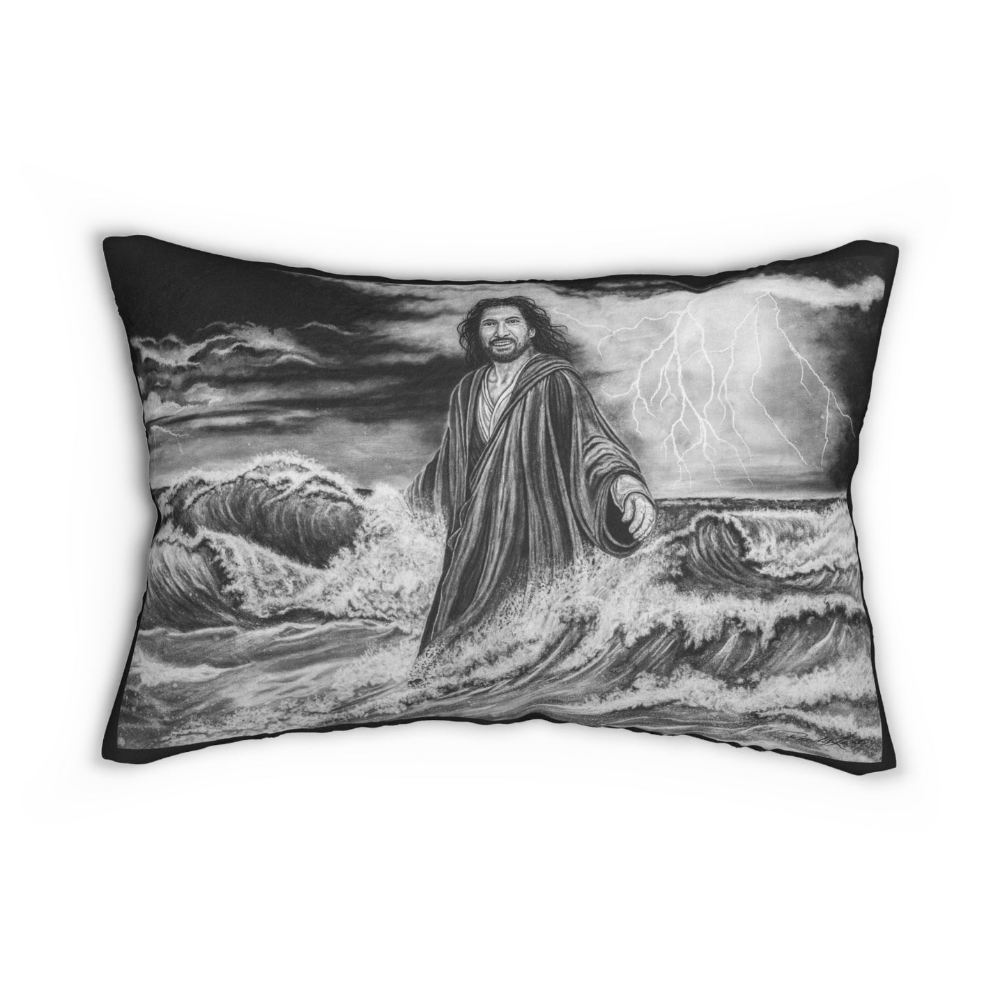 View from the Boat, Jesus Walking on Water Painting Lumbar Pillow — Christian Decorative Accent Pillow