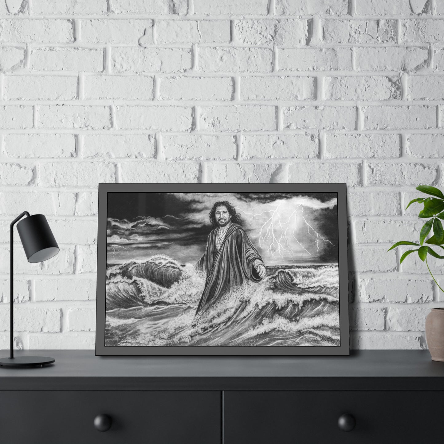 View from the Boat, Jesus Walking on Water Painting, Framed Fine Art Print, Black & White Religious Wall Art