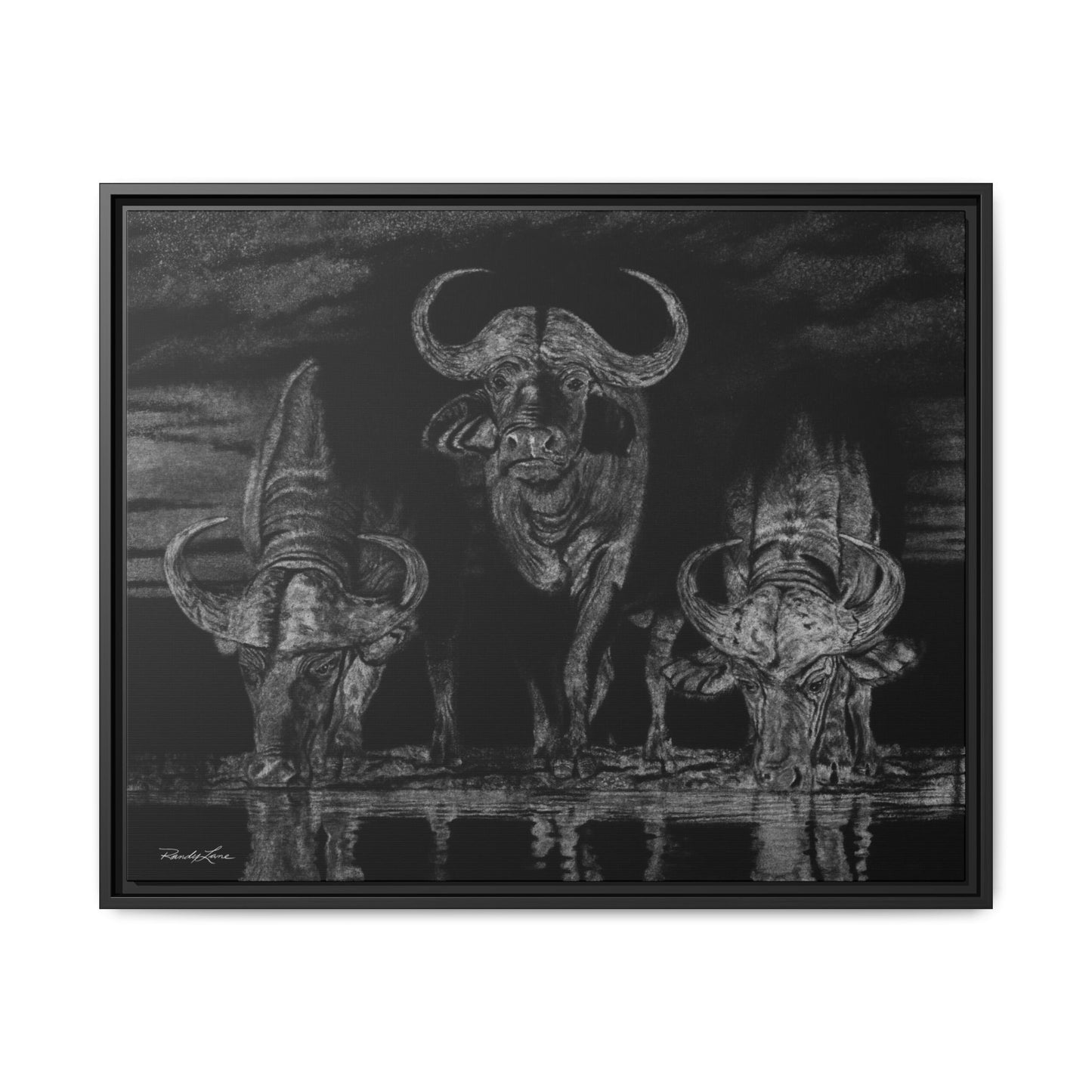 The Waterhole, Cape Buffalo Framed Canvas Wall Art
