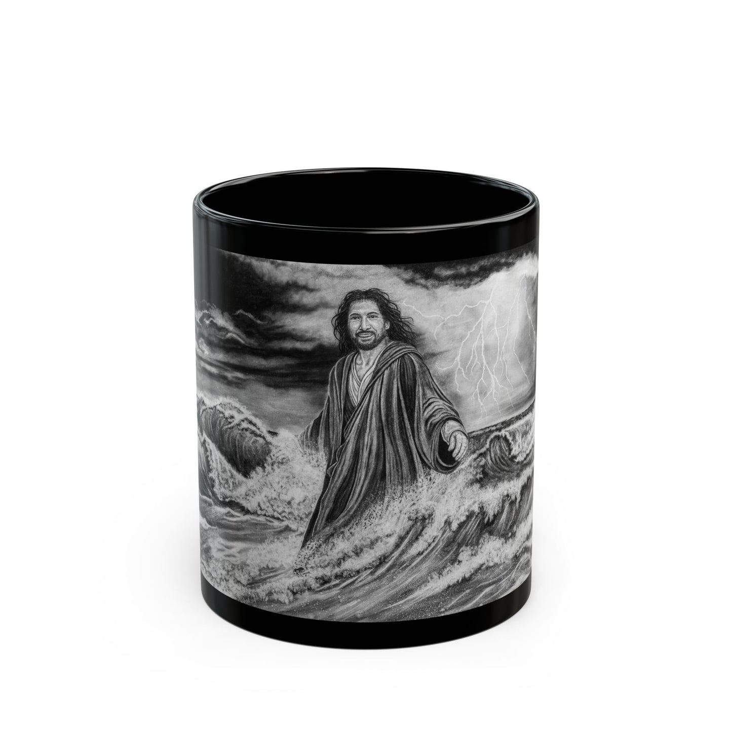 View from the Boat, Jesus Walking on Water Painting Black Ceramic Mug — 11oz & 15oz Inspirational Coffee Cup