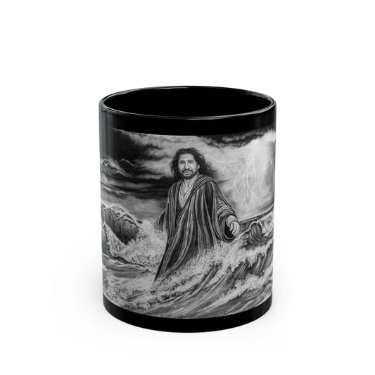 View from the Boat, Jesus Walking on Water Painting Black Ceramic Mug — 11oz & 15oz Inspirational Coffee Cup