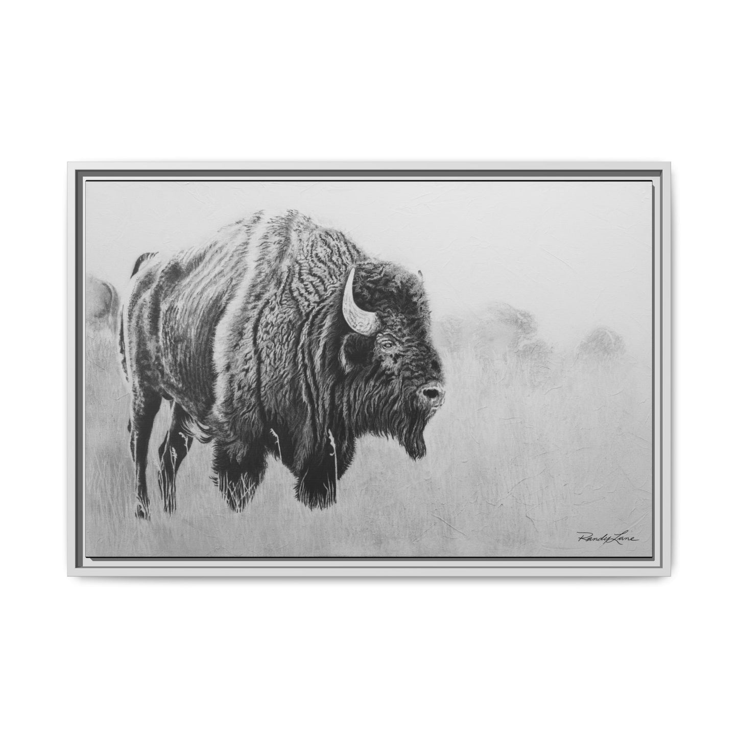 Prairie Bison, Bison Painting Framed Matte Canvas Print — Black & White Wildlife Wall Art