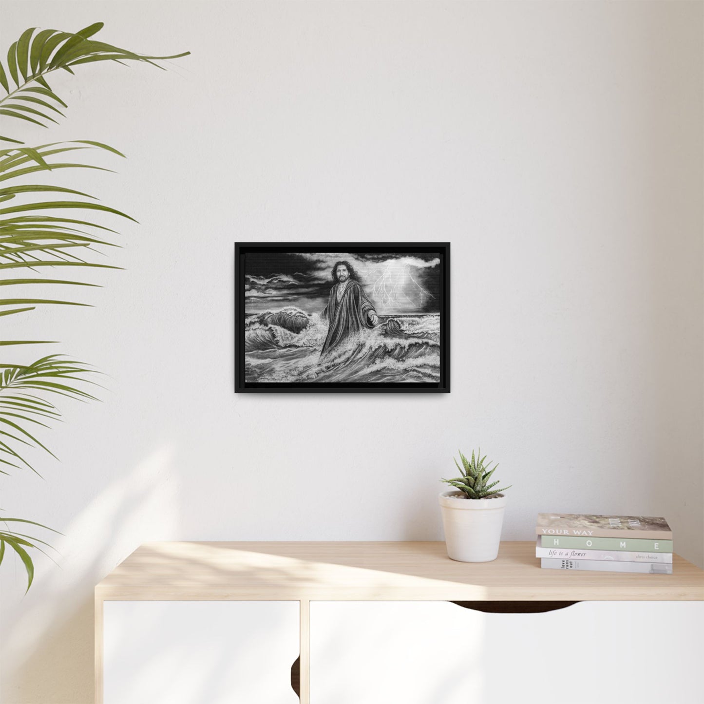 View from the Boat, Jesus Walking on Water Painting Framed Matte Canvas — Religious Wall Art