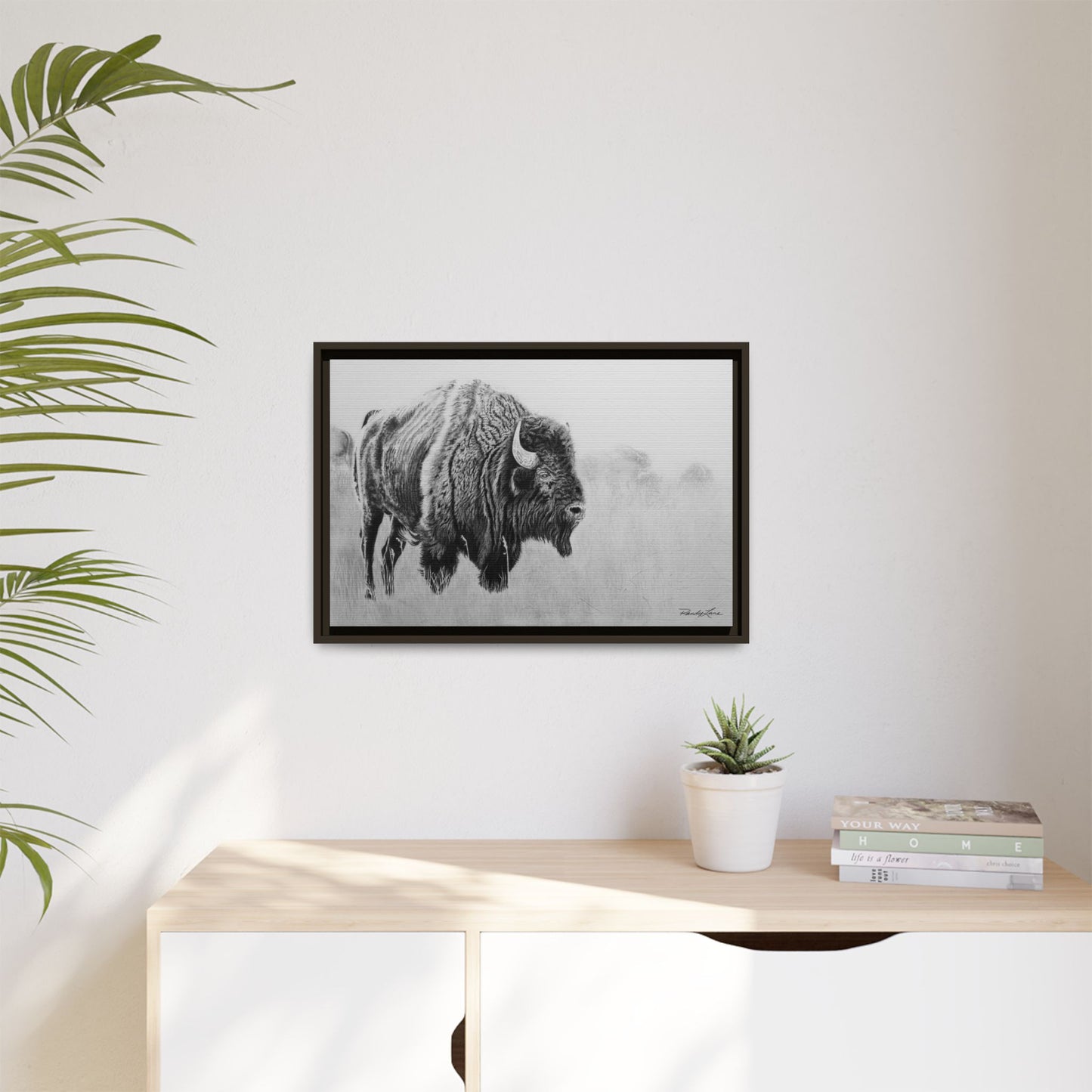 Prairie Bison, Bison Painting Framed Matte Canvas Print — Black & White Wildlife Wall Art