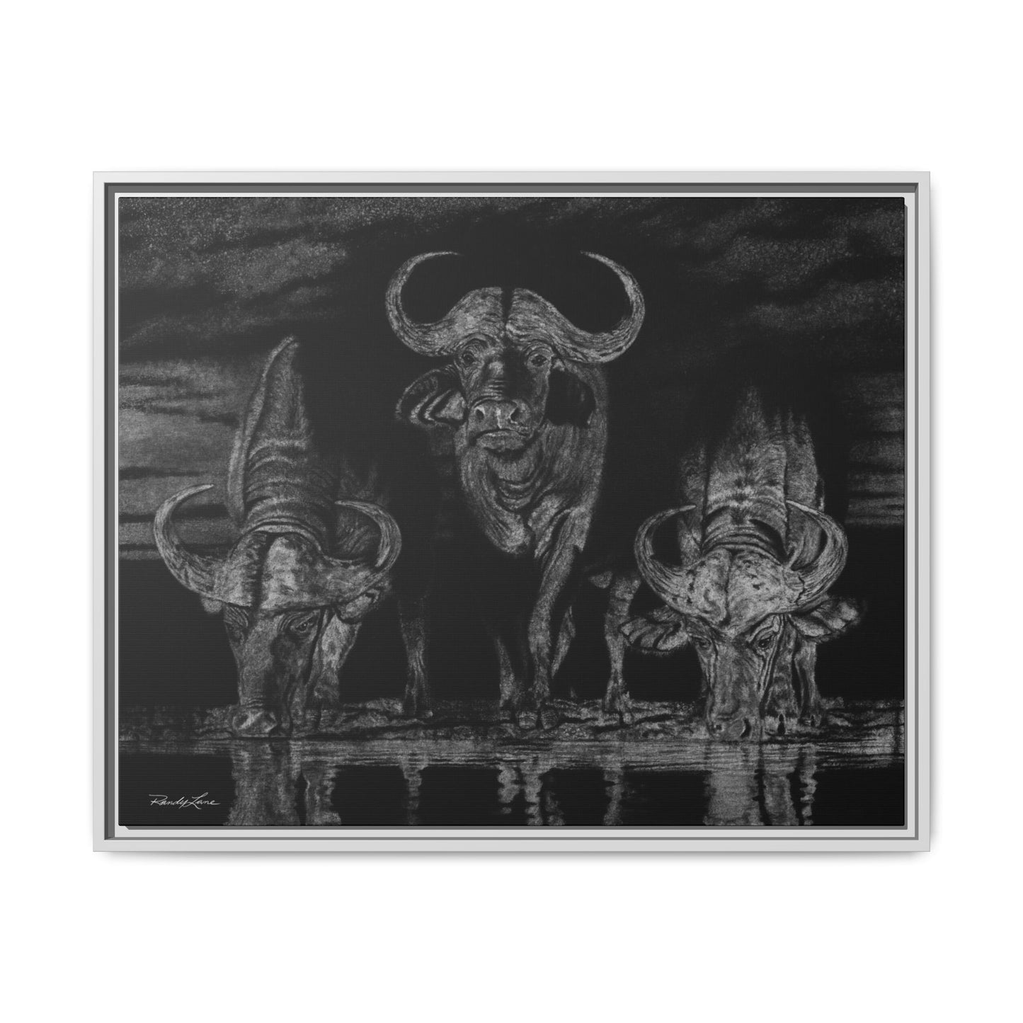 The Waterhole, Cape Buffalo Framed Canvas Wall Art