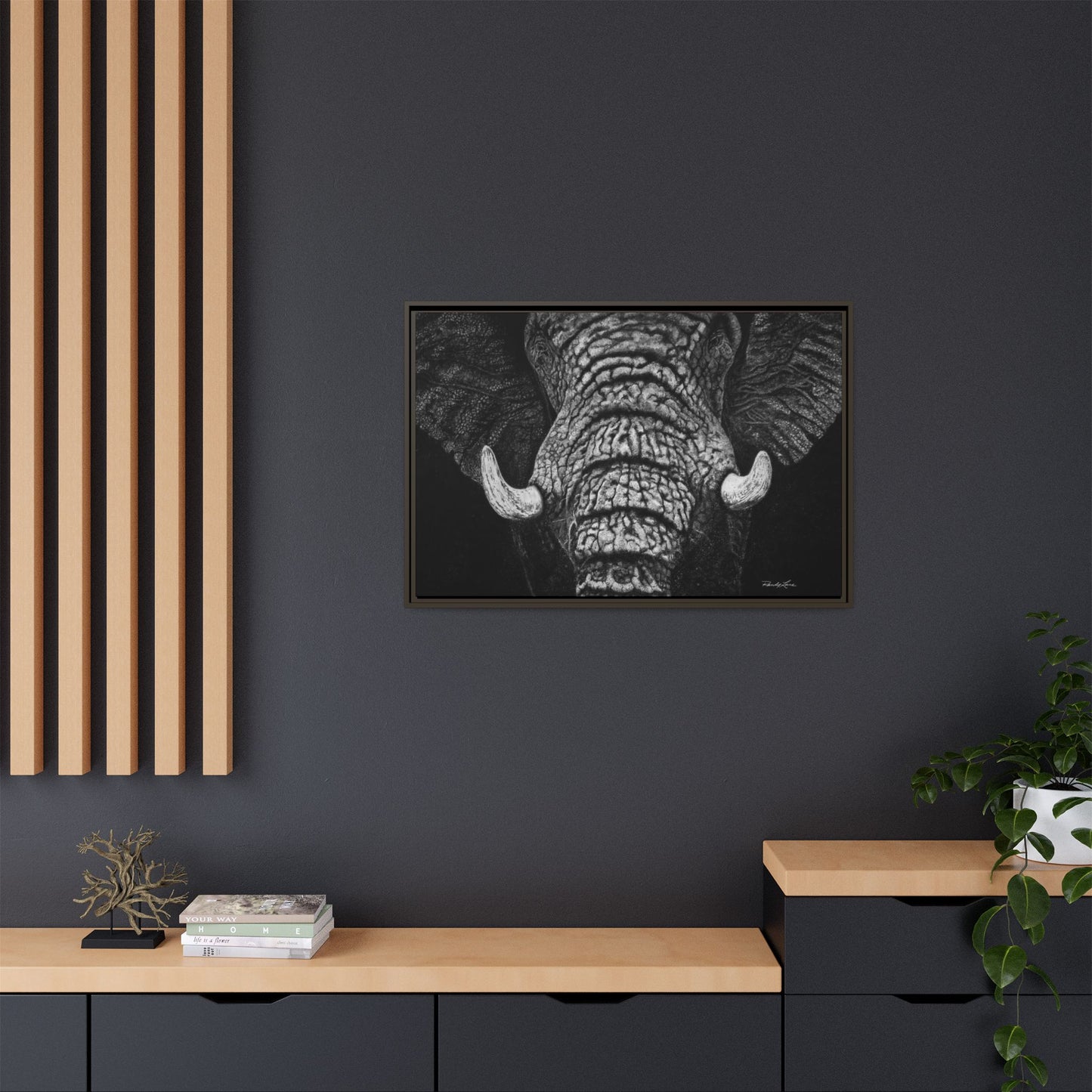 Ebony and Ivory, Elephant Portrait Framed Canvas Wall Art