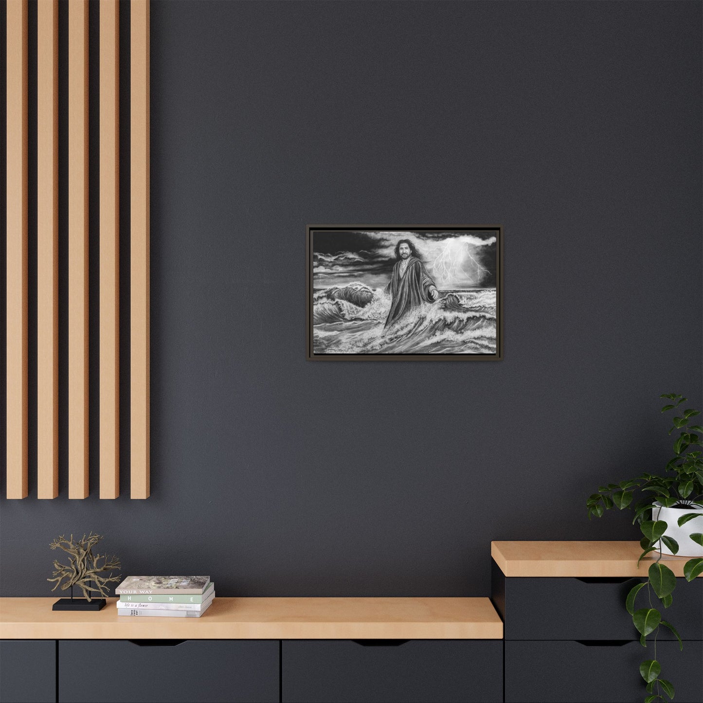 View from the Boat, Jesus Walking on Water Painting Framed Matte Canvas — Religious Wall Art