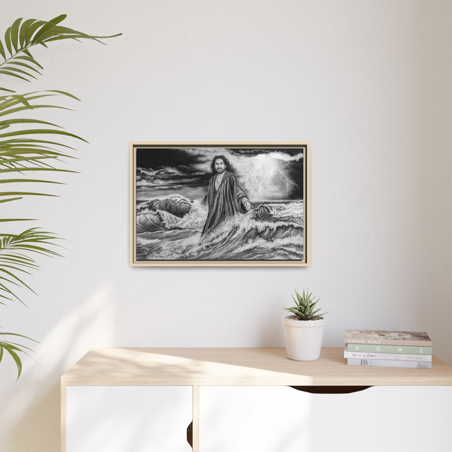 View from the Boat, Jesus Walking on Water Painting Framed Matte Canvas — Religious Wall Art