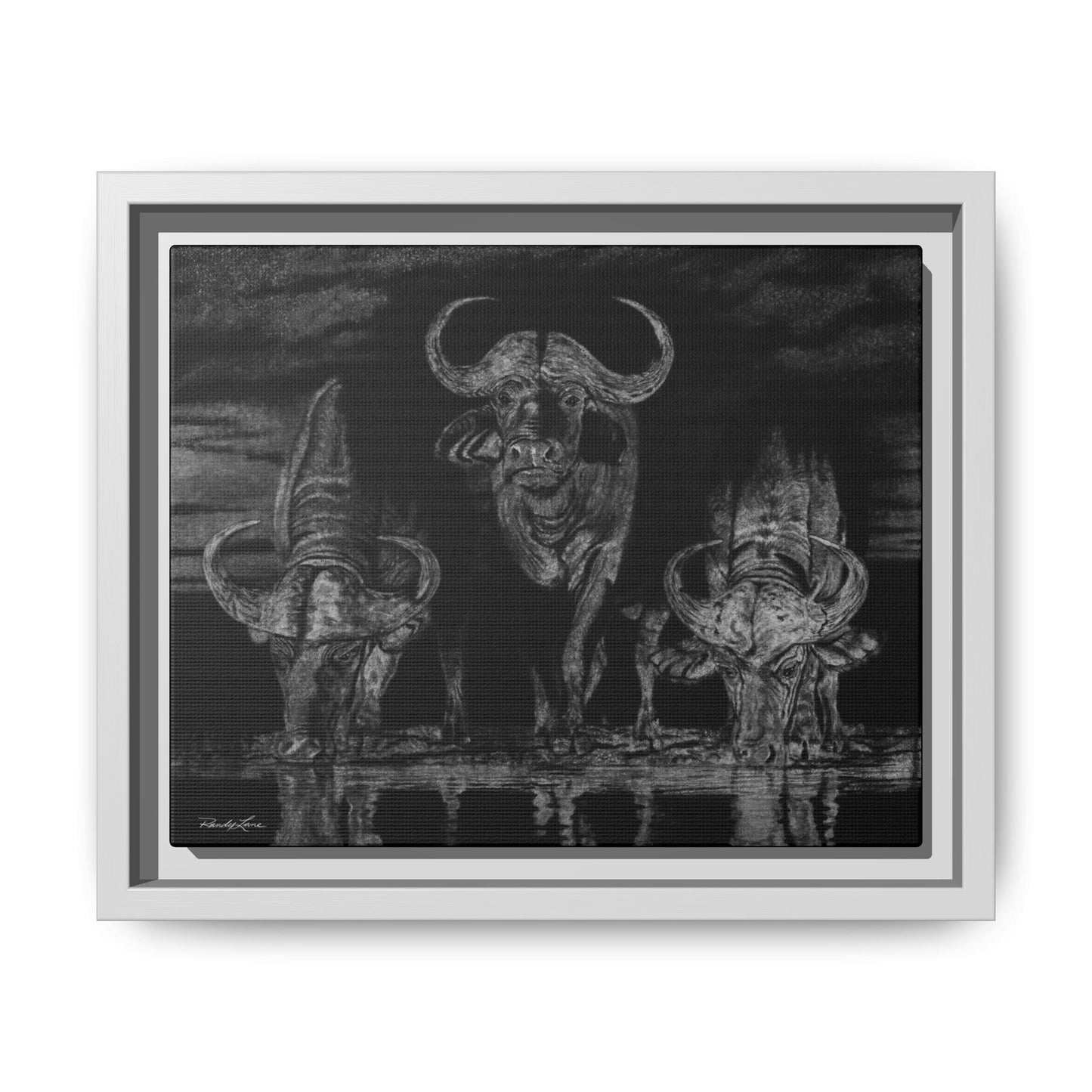 The Waterhole, Cape Buffalo Framed Canvas Wall Art