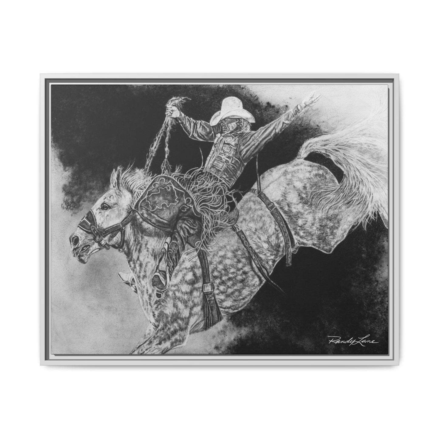 Big Grey, Rodeo Bareback Bronc Painting Framed Matte Canvas Wall Art — Bucking Bronco Cowboy Print