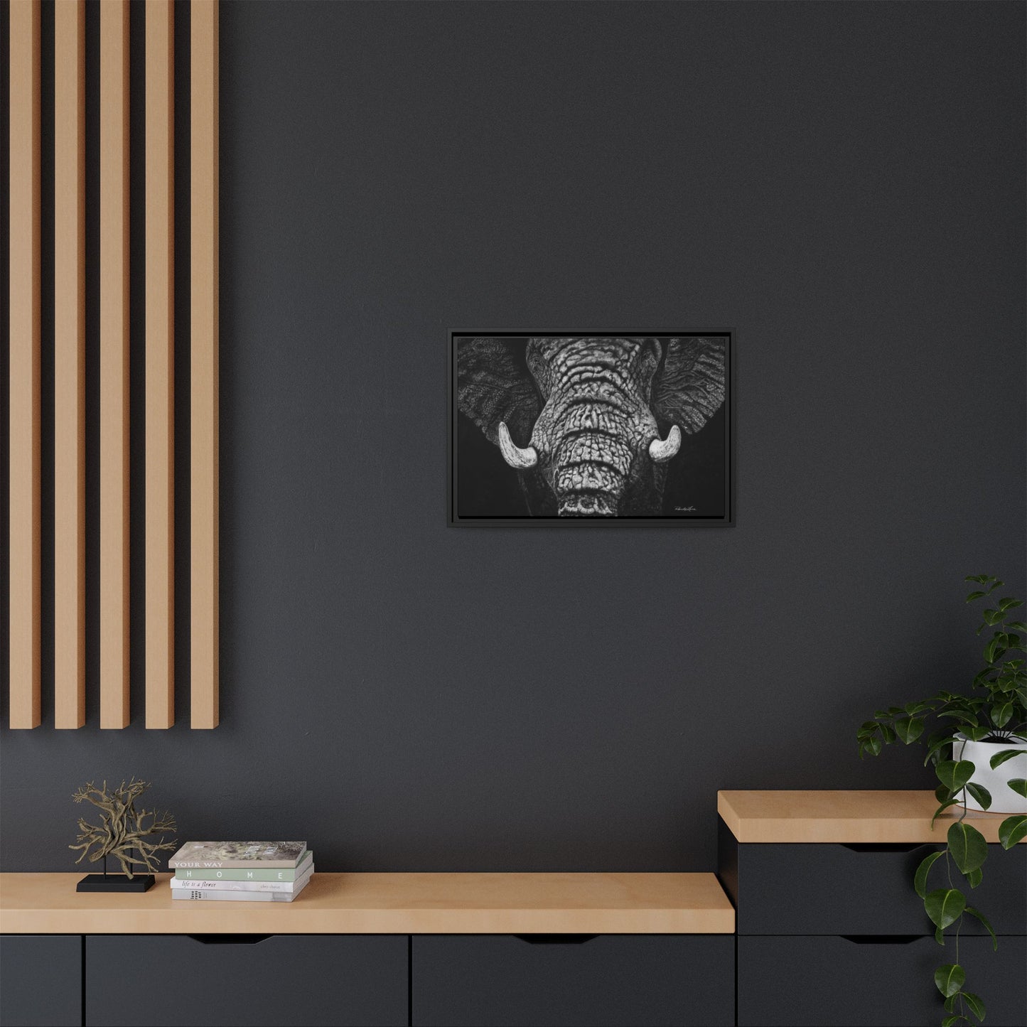 Ebony and Ivory, Elephant Portrait Framed Canvas Wall Art
