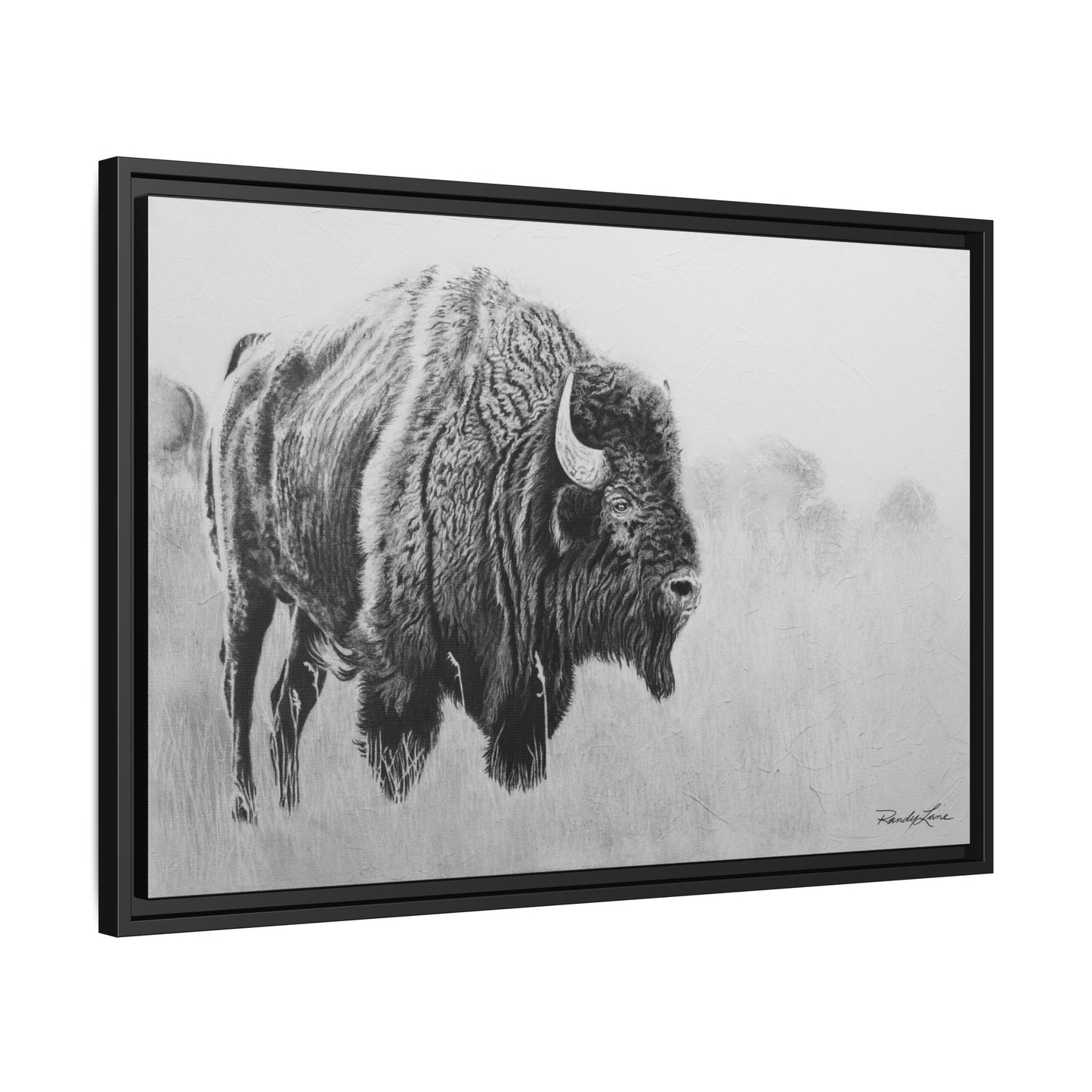 Prairie Bison, Bison Painting Framed Matte Canvas Print — Black & White Wildlife Wall Art