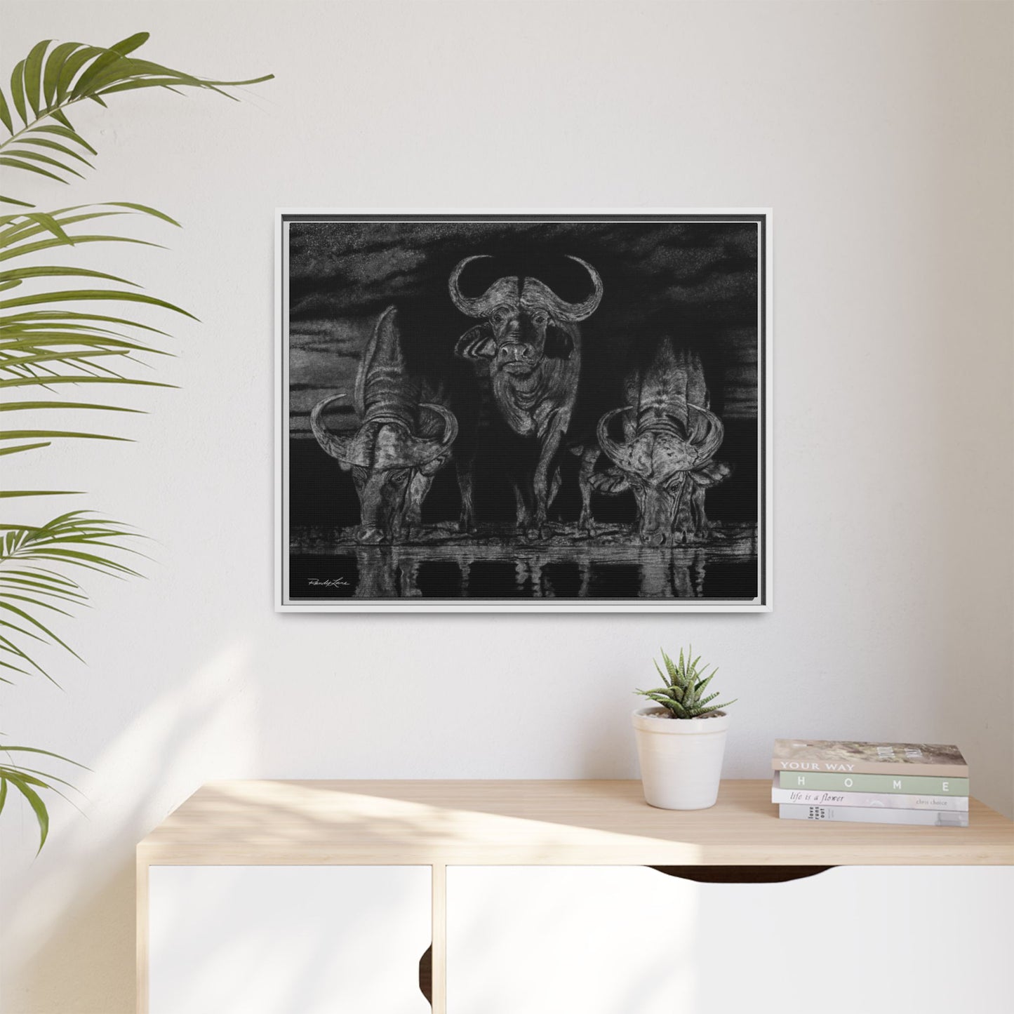 The Waterhole, Cape Buffalo Framed Canvas Wall Art