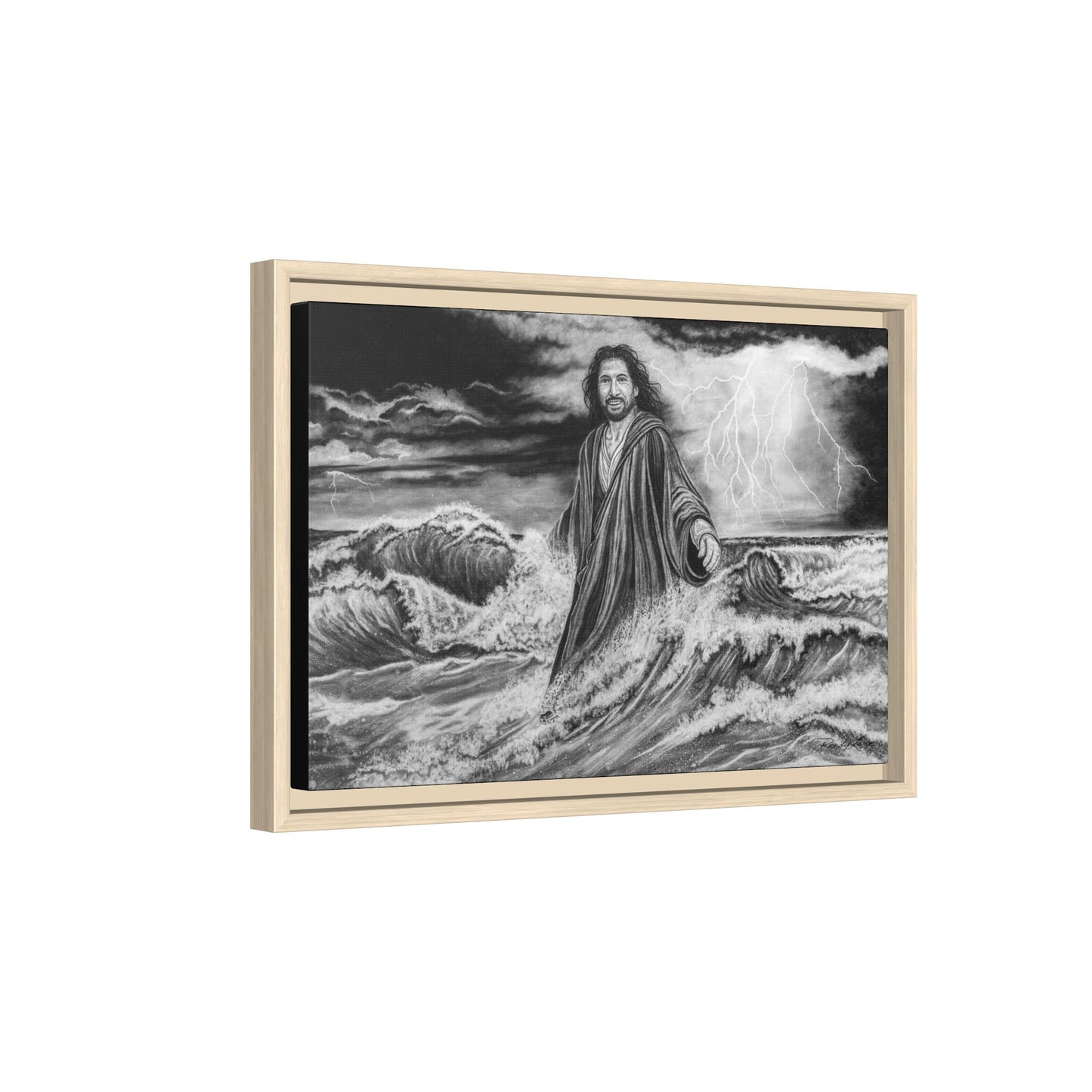 View from the Boat, Jesus Walking on Water Painting Framed Matte Canvas — Religious Wall Art