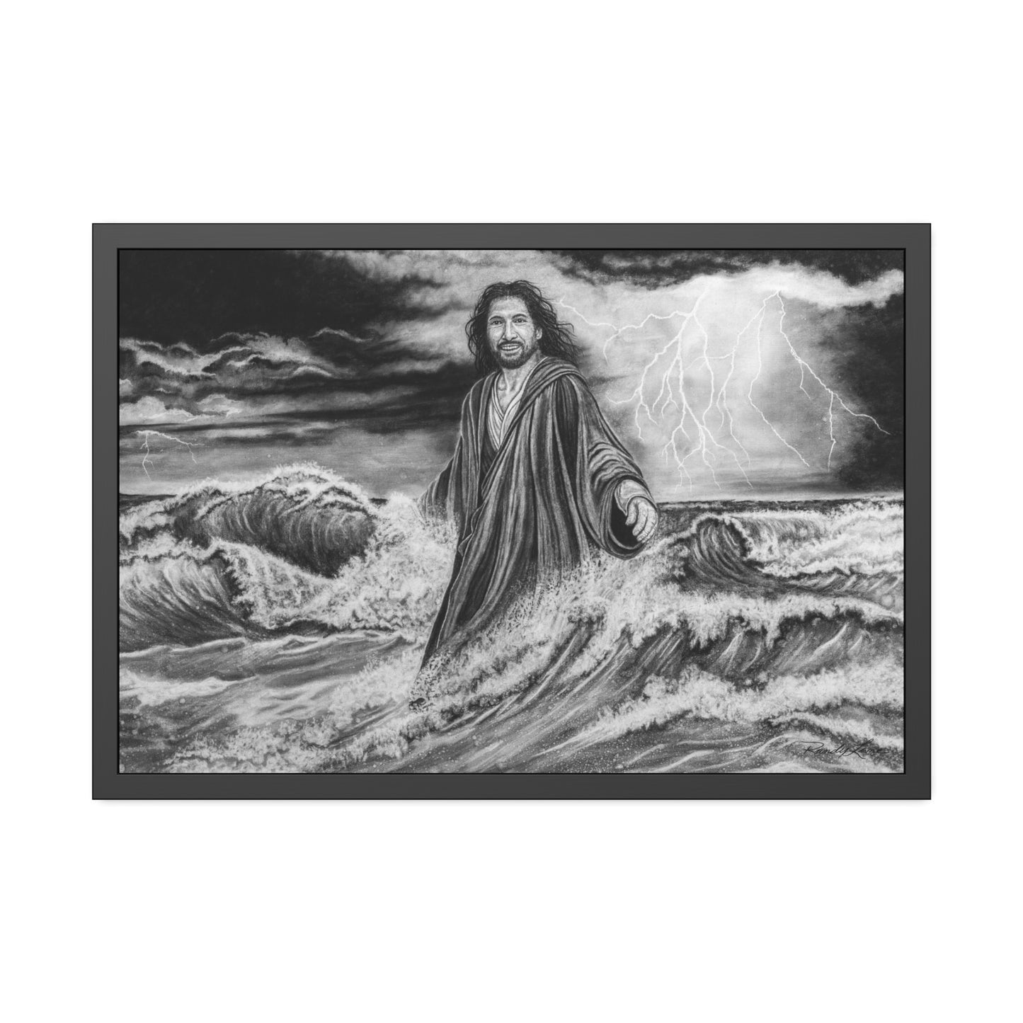 View from the Boat, Jesus Walking on Water Painting, Framed Fine Art Print, Black & White Religious Wall Art