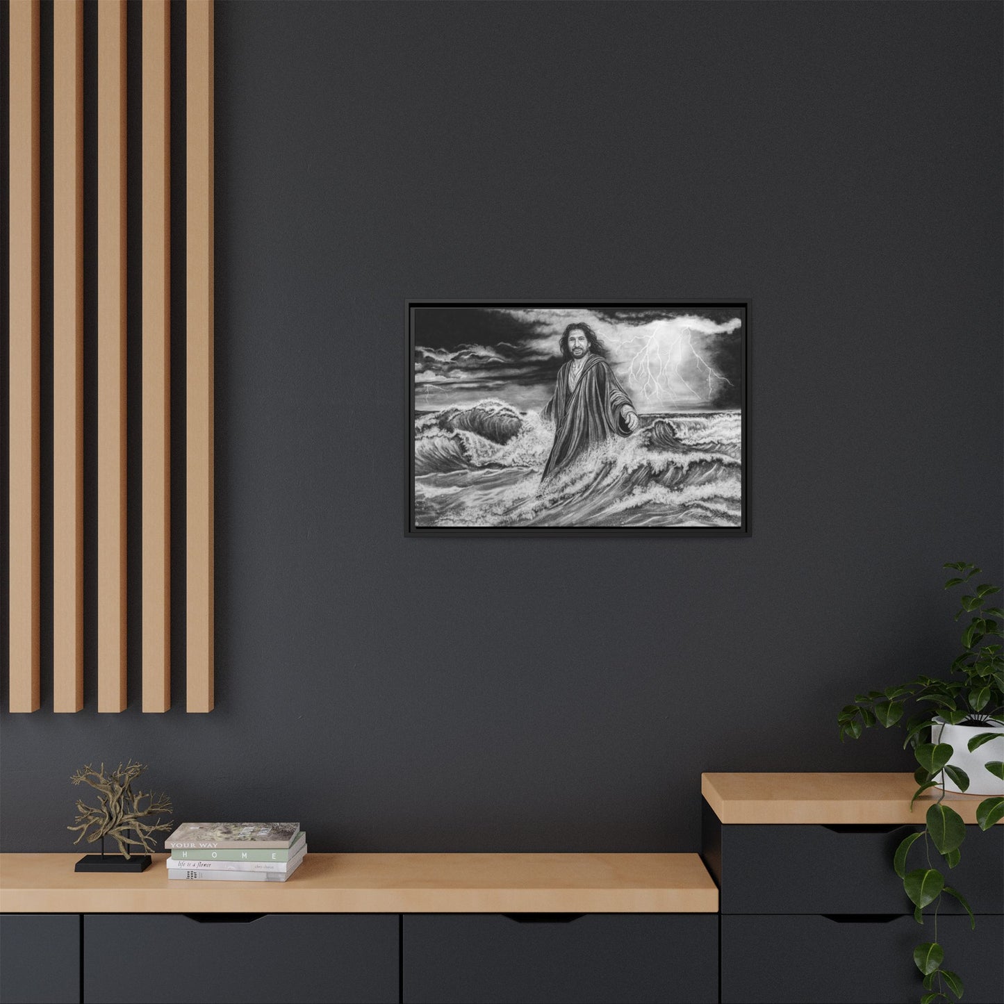 View from the Boat, Jesus Walking on Water Painting Framed Matte Canvas — Religious Wall Art
