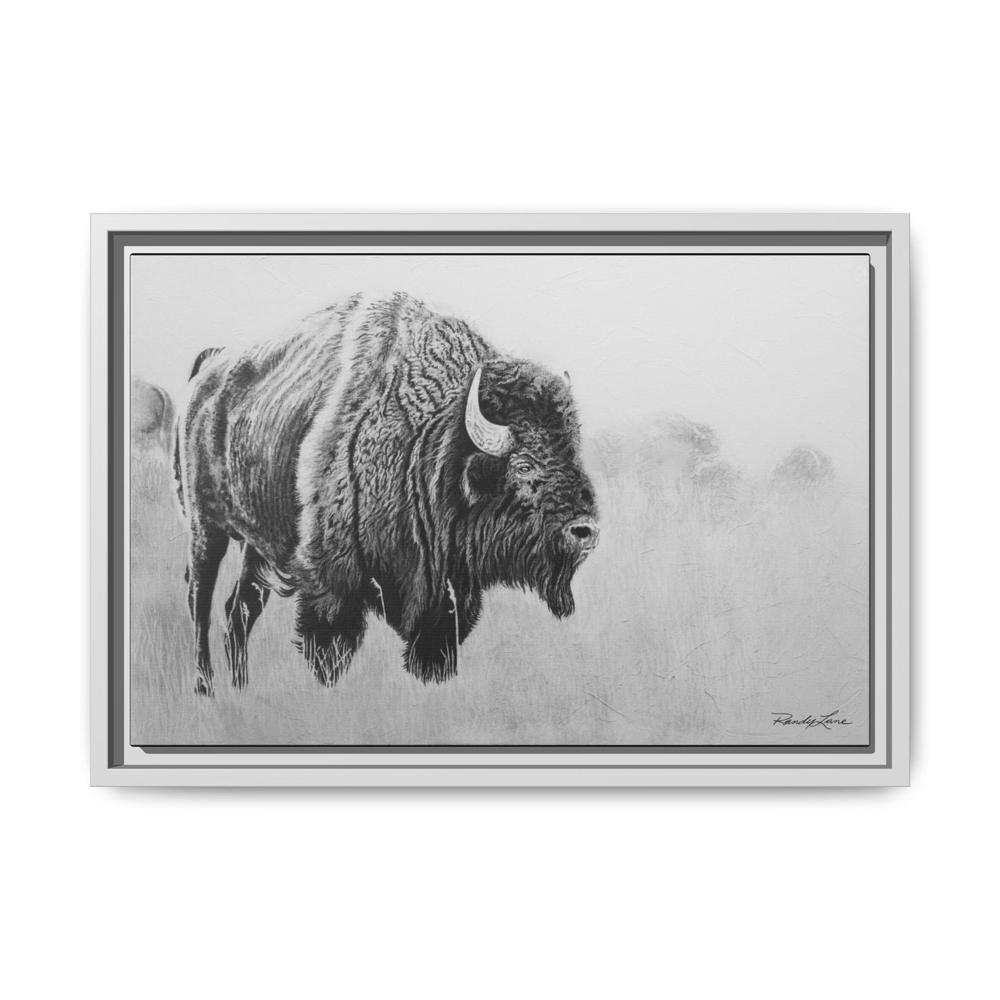 Prairie Bison, Bison Painting Framed Matte Canvas Print — Black & White Wildlife Wall Art