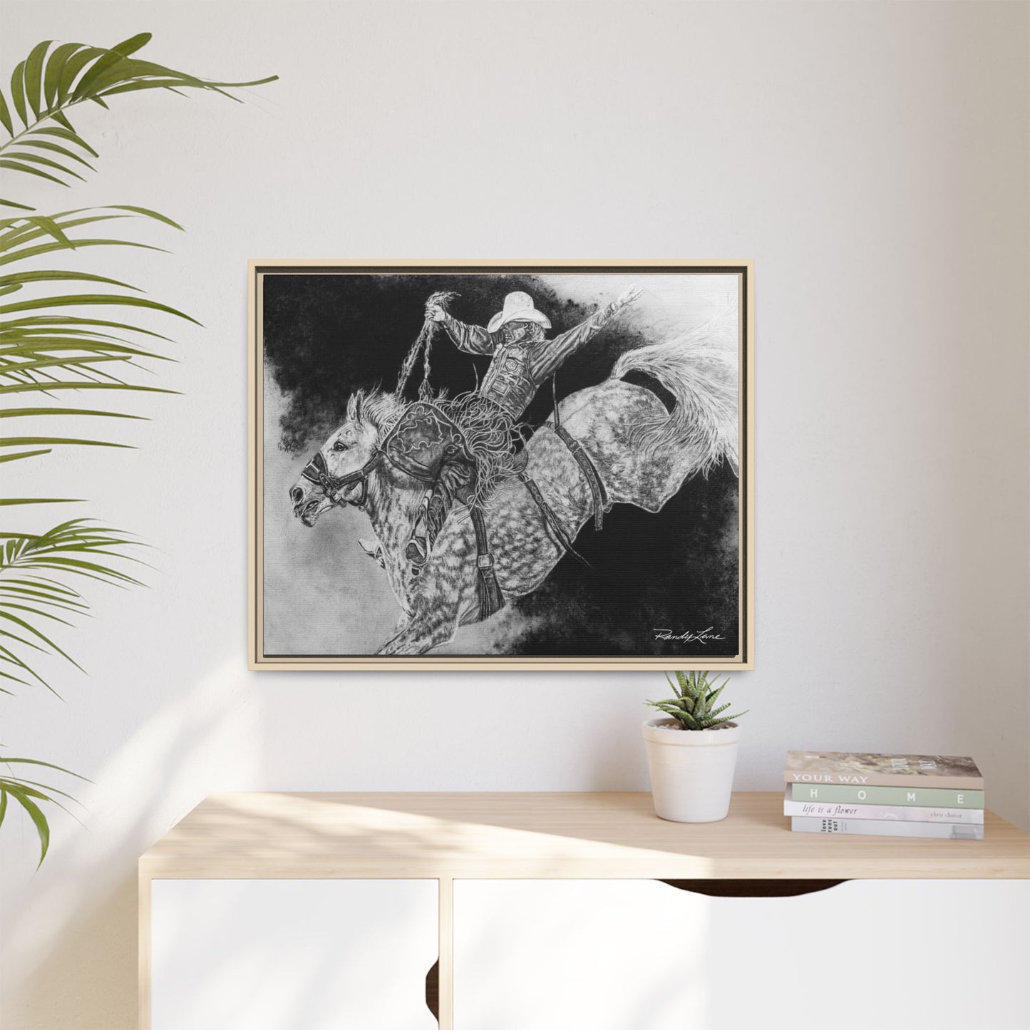 Big Grey, Rodeo Bareback Bronc Painting Framed Matte Canvas Wall Art — Bucking Bronco Cowboy Print
