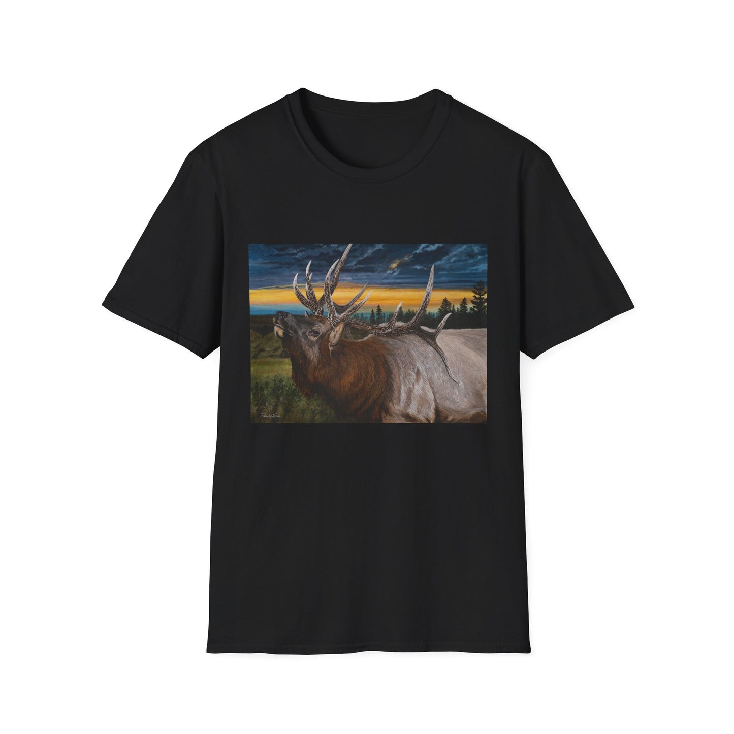 Sunset Serenade,  Elk Graphic Unisex soft T-Shirt