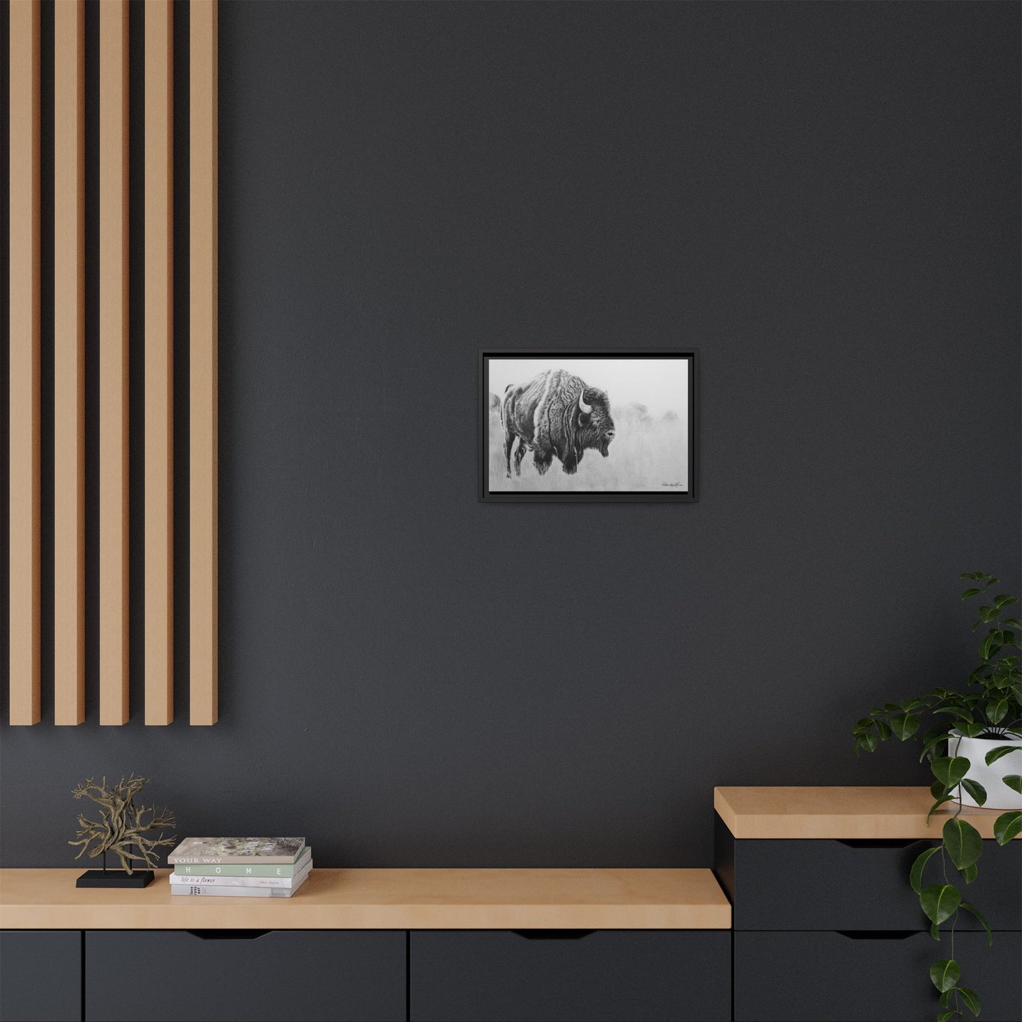 Prairie Bison, Bison Painting Framed Matte Canvas Print — Black & White Wildlife Wall Art