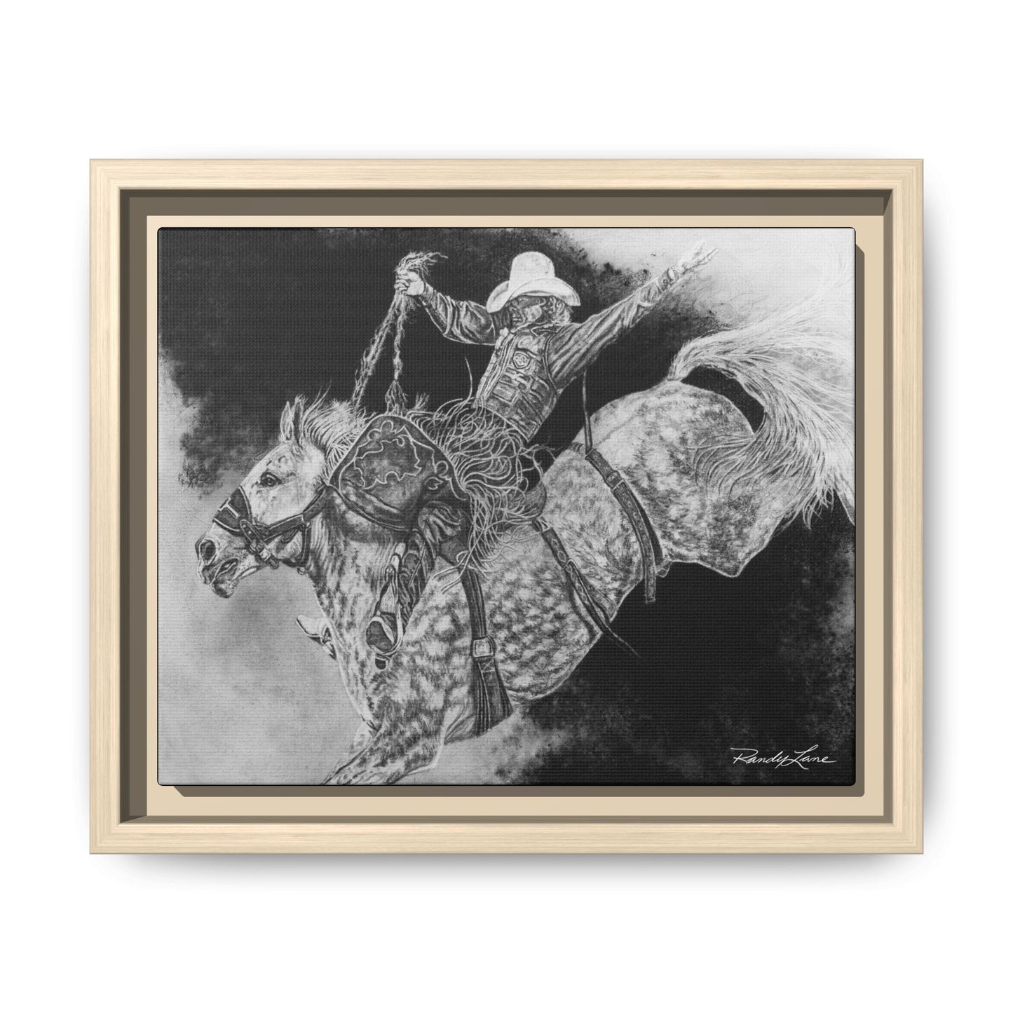 Big Grey, Rodeo Bareback Bronc Painting Framed Matte Canvas Wall Art — Bucking Bronco Cowboy Print