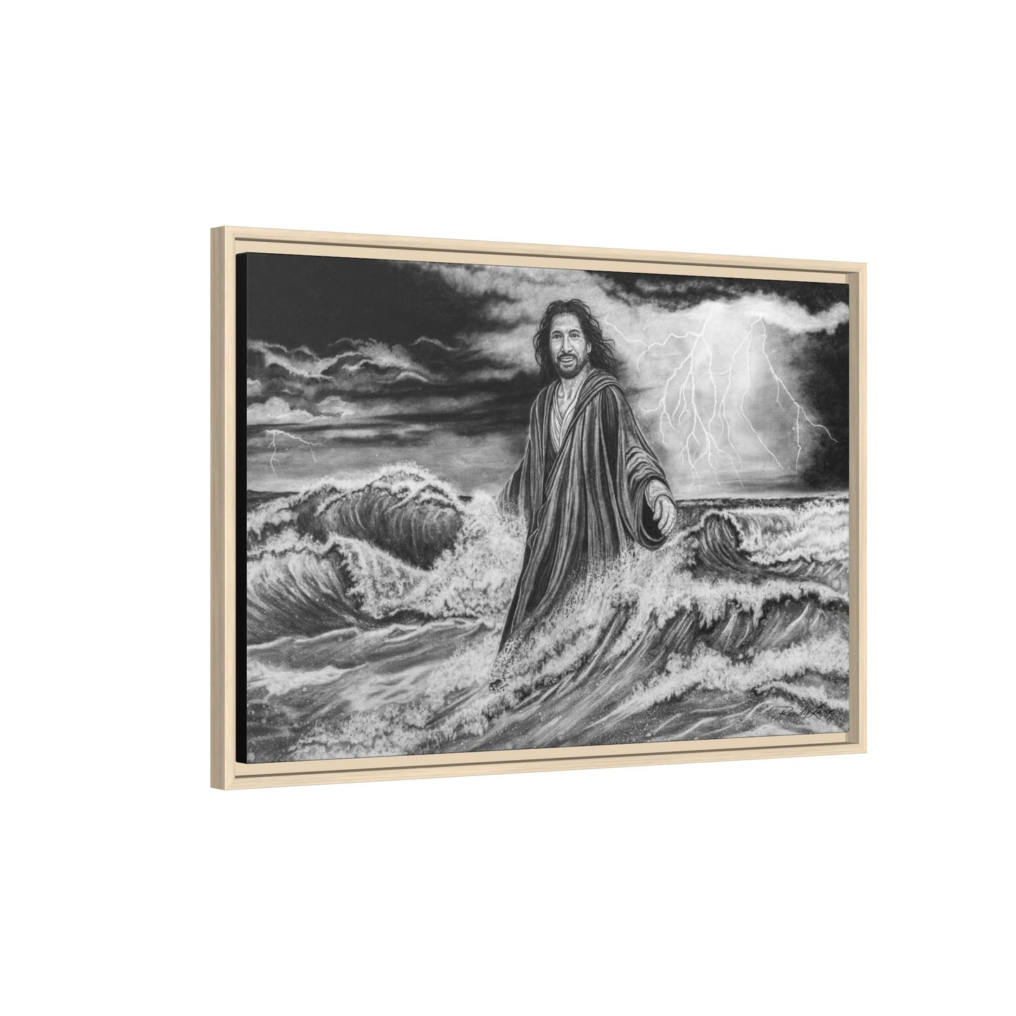 View from the Boat, Jesus Walking on Water Painting Framed Matte Canvas — Religious Wall Art