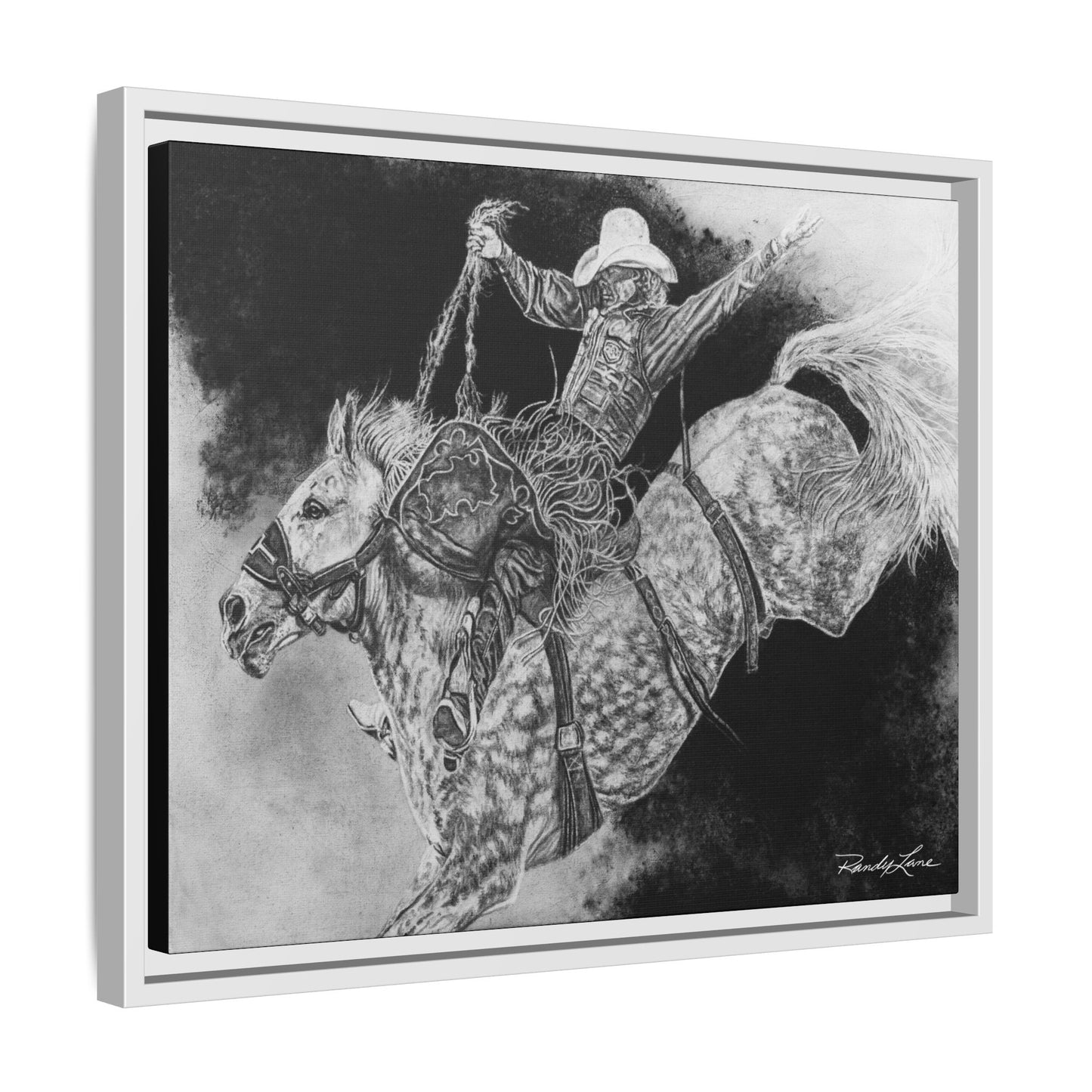 Big Grey, Rodeo Bareback Bronc Painting Framed Matte Canvas Wall Art — Bucking Bronco Cowboy Print