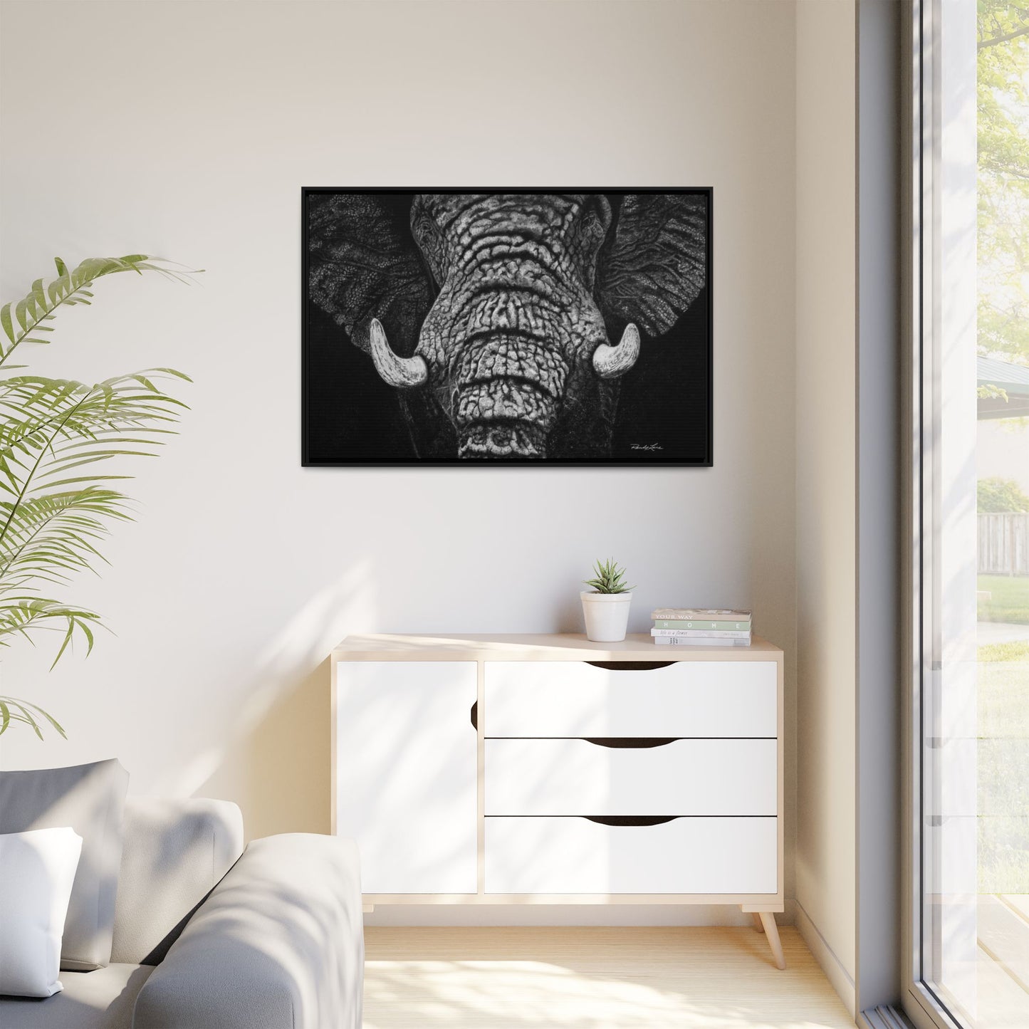 Ebony and Ivory, Elephant Portrait Framed Canvas Wall Art