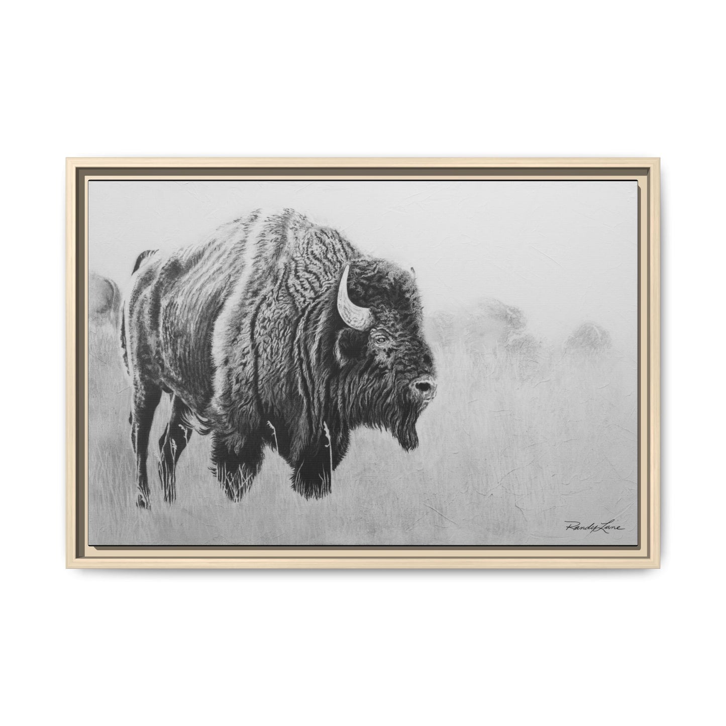 Prairie Bison, Bison Painting Framed Matte Canvas Print — Black & White Wildlife Wall Art