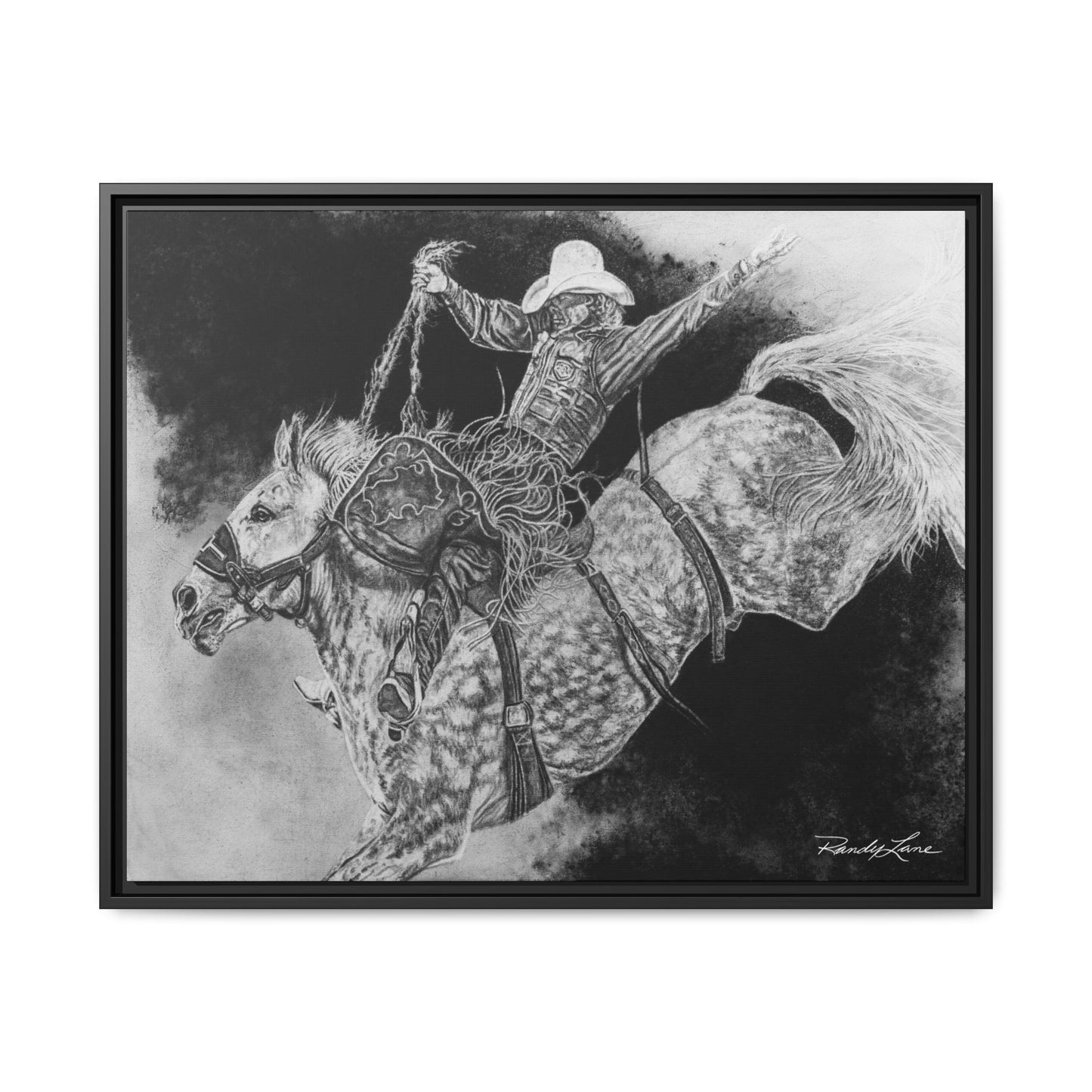 Big Grey, Rodeo Bareback Bronc Painting Framed Matte Canvas Wall Art — Bucking Bronco Cowboy Print