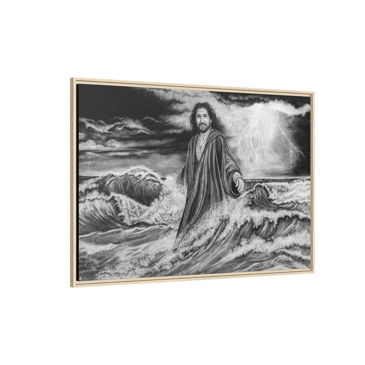 View from the Boat, Jesus Walking on Water Painting Framed Matte Canvas — Religious Wall Art