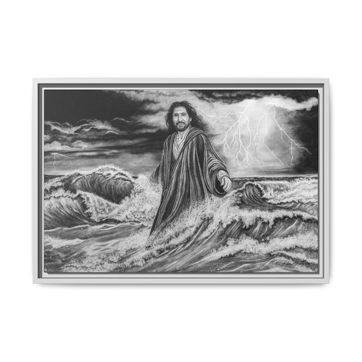 View from the Boat, Jesus Walking on Water Painting Framed Matte Canvas — Religious Wall Art