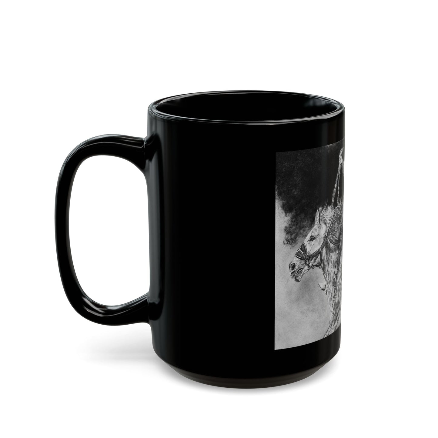 Big Grey, Rodeo Bareback Bronc Painting Black Mug — Western Bucking Bronco Coffee Cup (11oz/15oz)