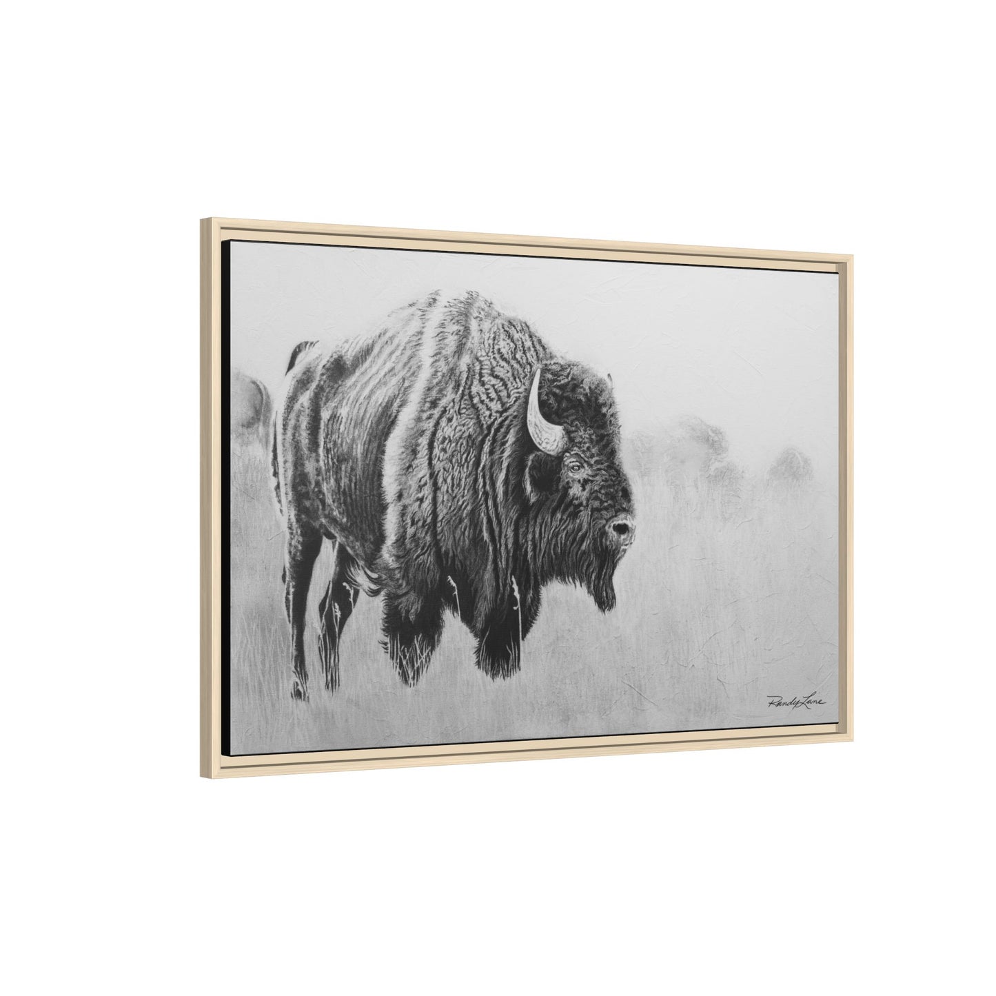 Prairie Bison, Bison Painting Framed Matte Canvas Print — Black & White Wildlife Wall Art